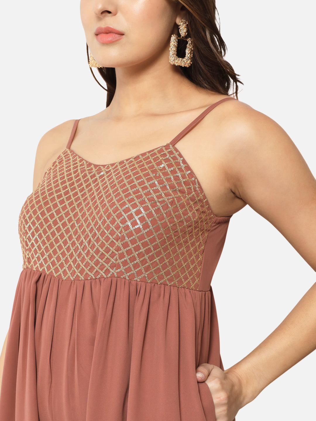 Embellished Brown Sleeveless Jumpsuit for Women