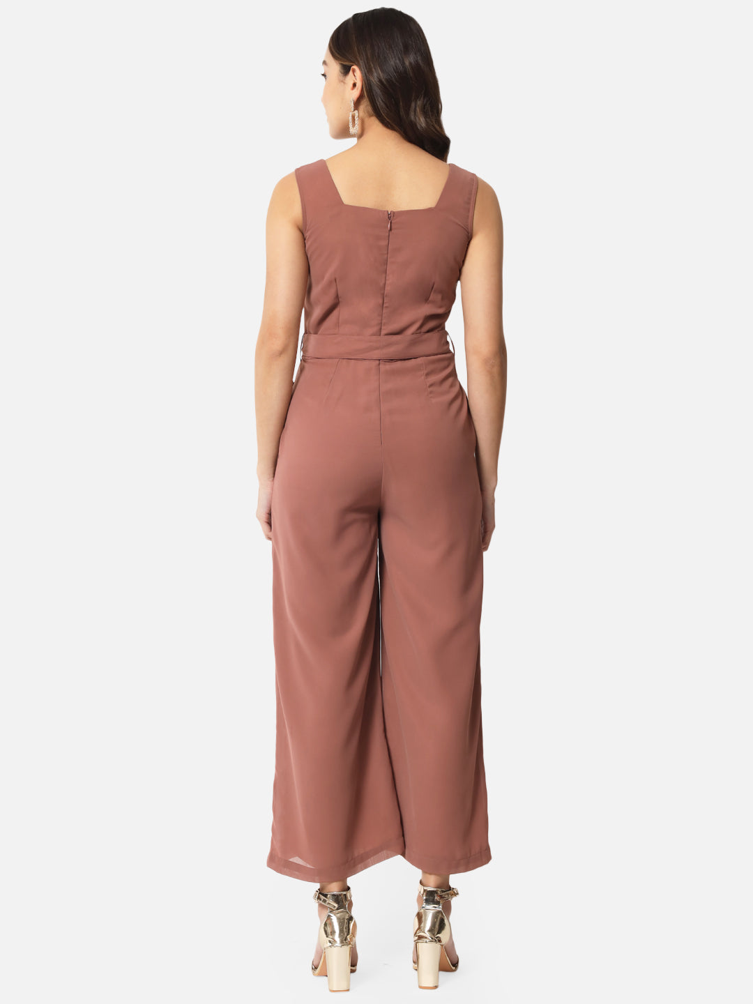 Embellished Brown Sleeveless Jumpsuit for Women