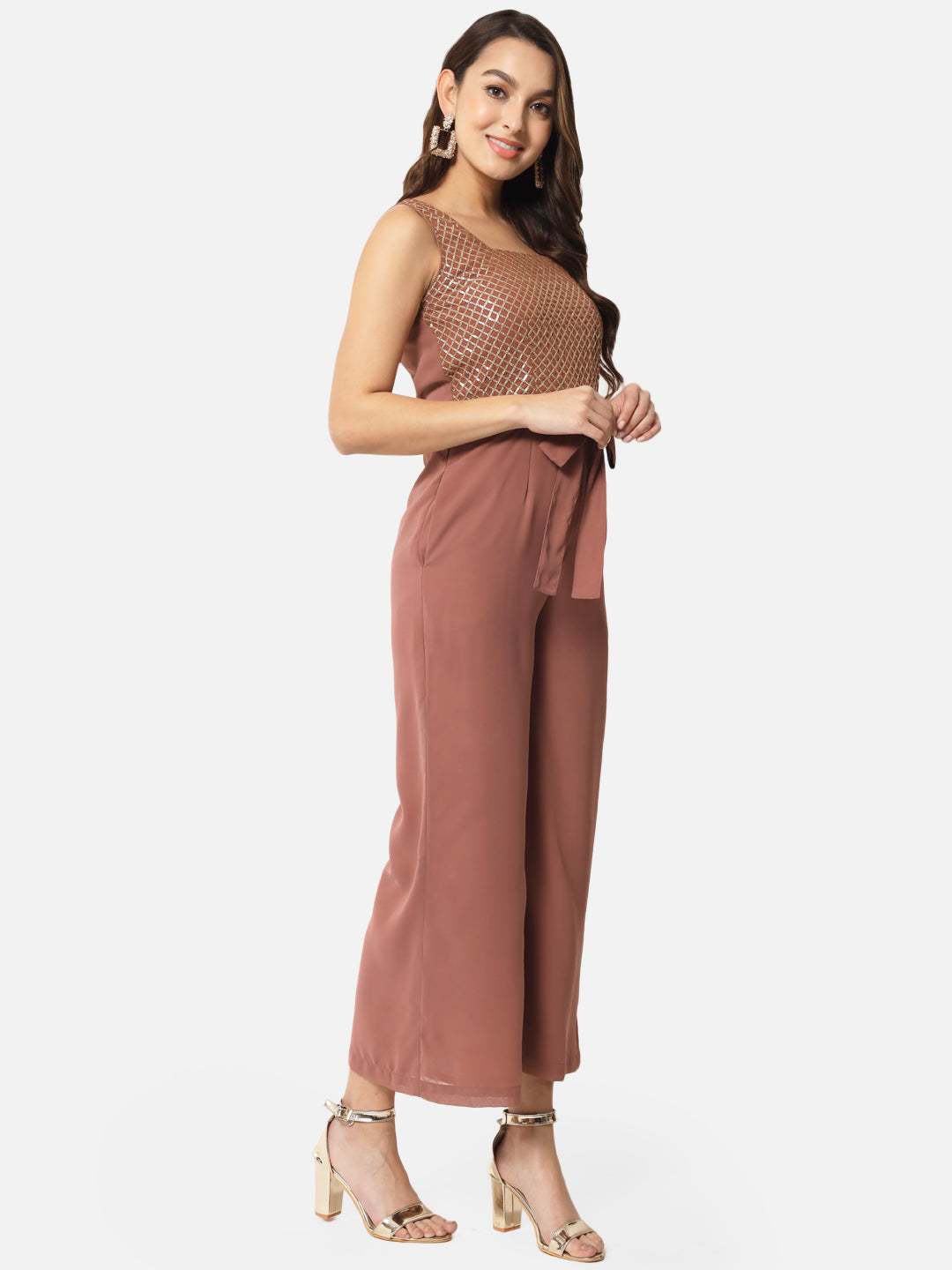 Embellished Brown Sleeveless Jumpsuit for Women