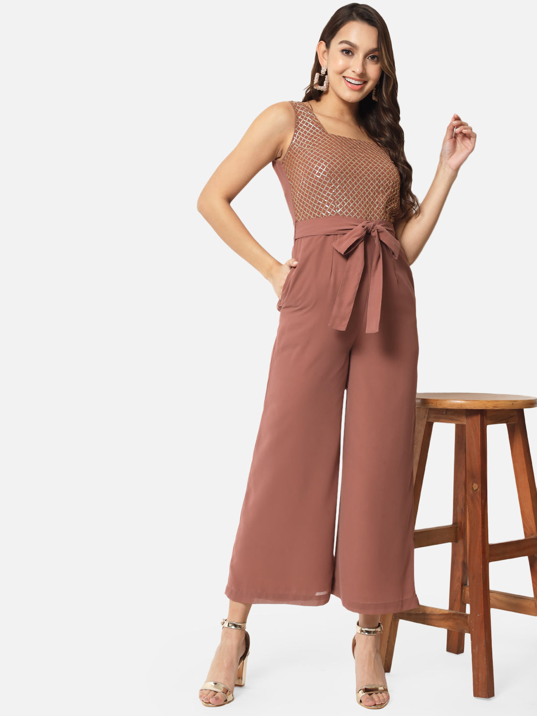 Embellished Brown Sleeveless Jumpsuit for Women