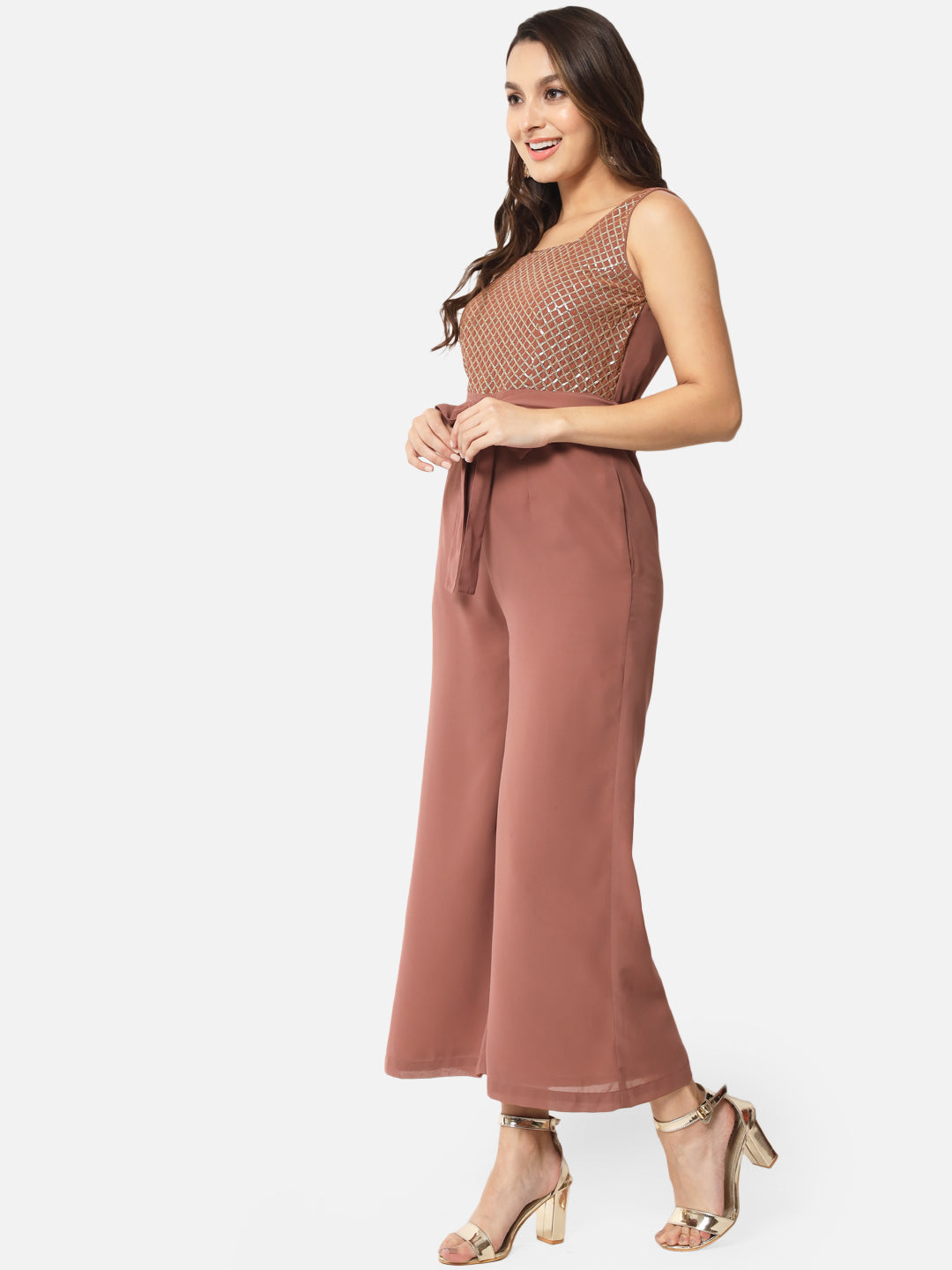 Embellished Brown Sleeveless Jumpsuit for Women