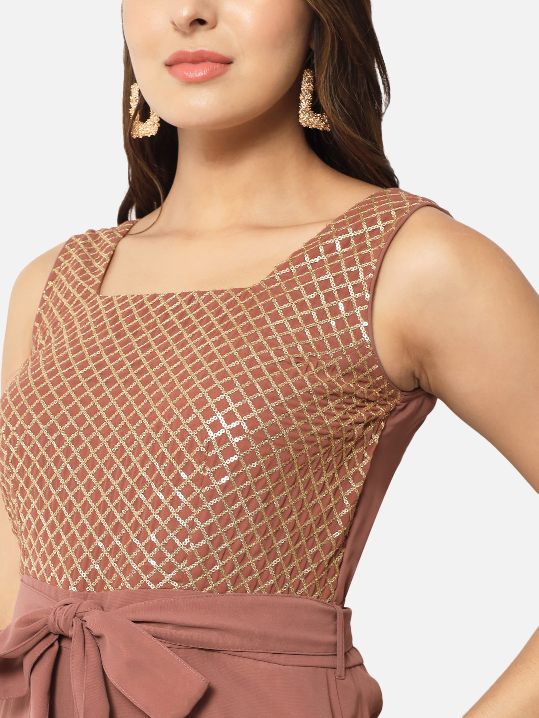 Embellished Brown Sleeveless Jumpsuit for Women