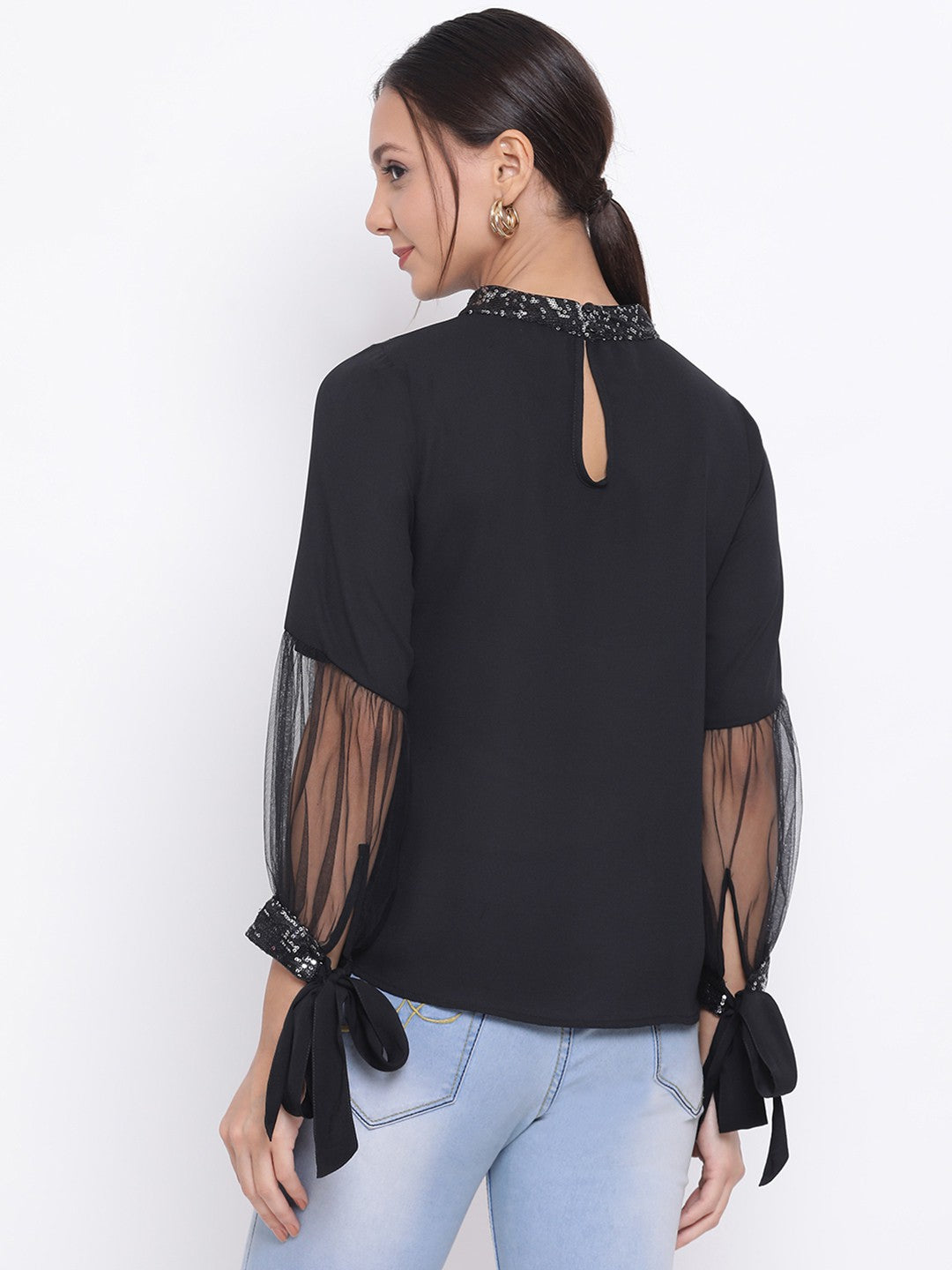 Black Embellished Neck Top for Women