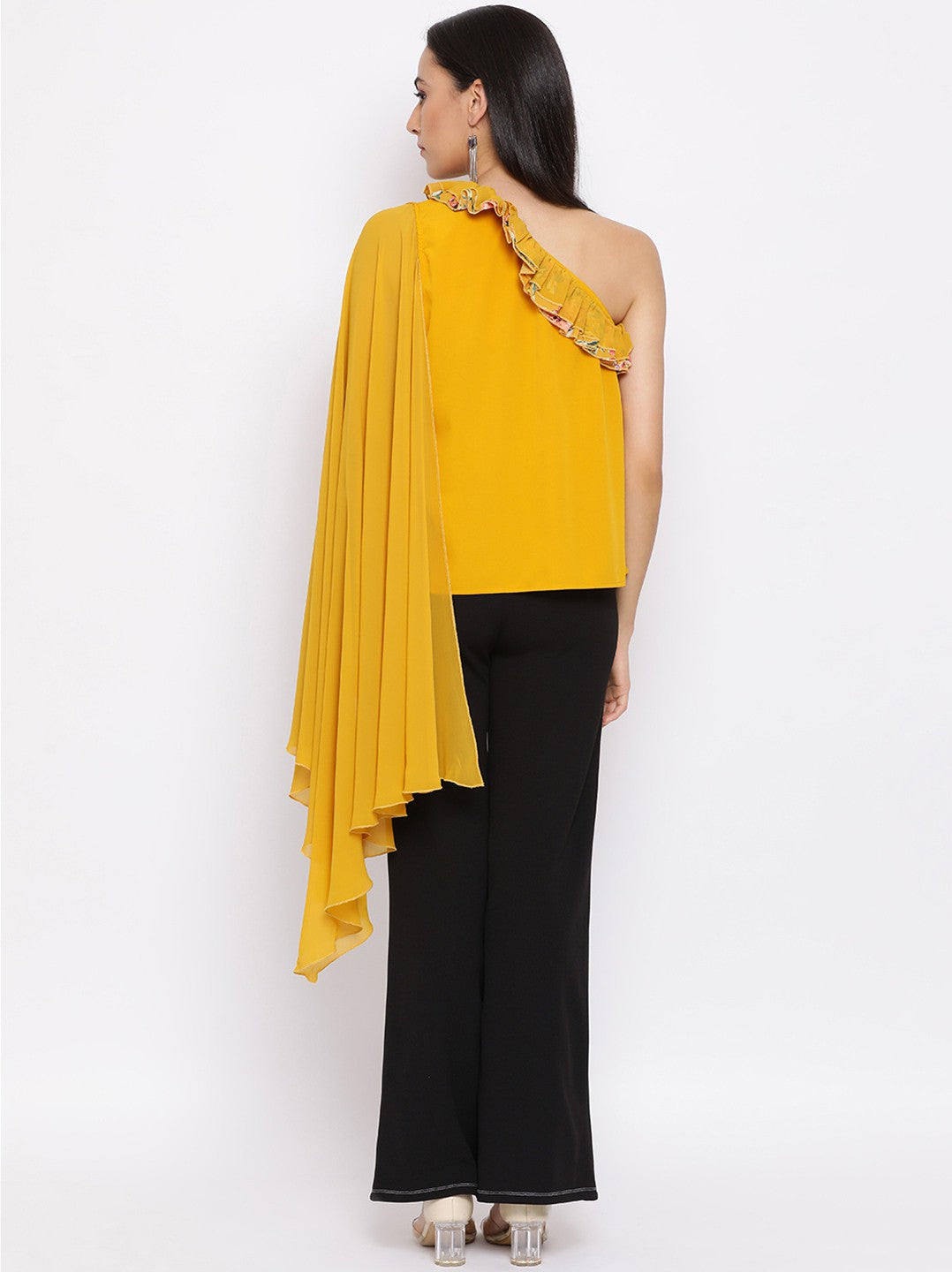 Yellow Solid Net One Shoulder Sleeve Top for Women