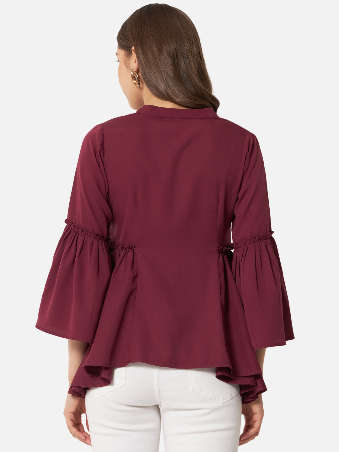 Maroon Solid Bell Sleeve Top for Women