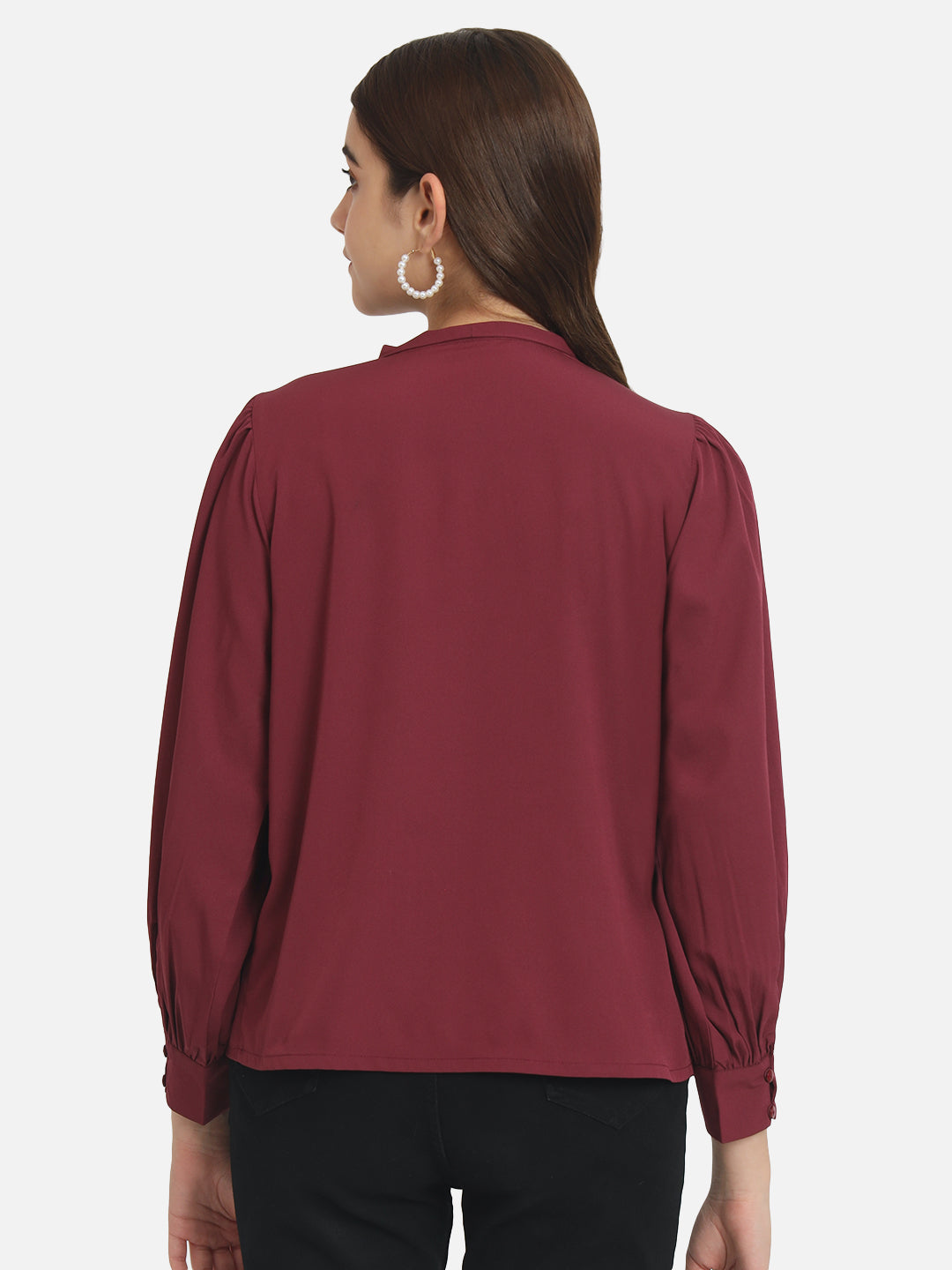 Maroon Solid Tie-Up Neck Top for Women