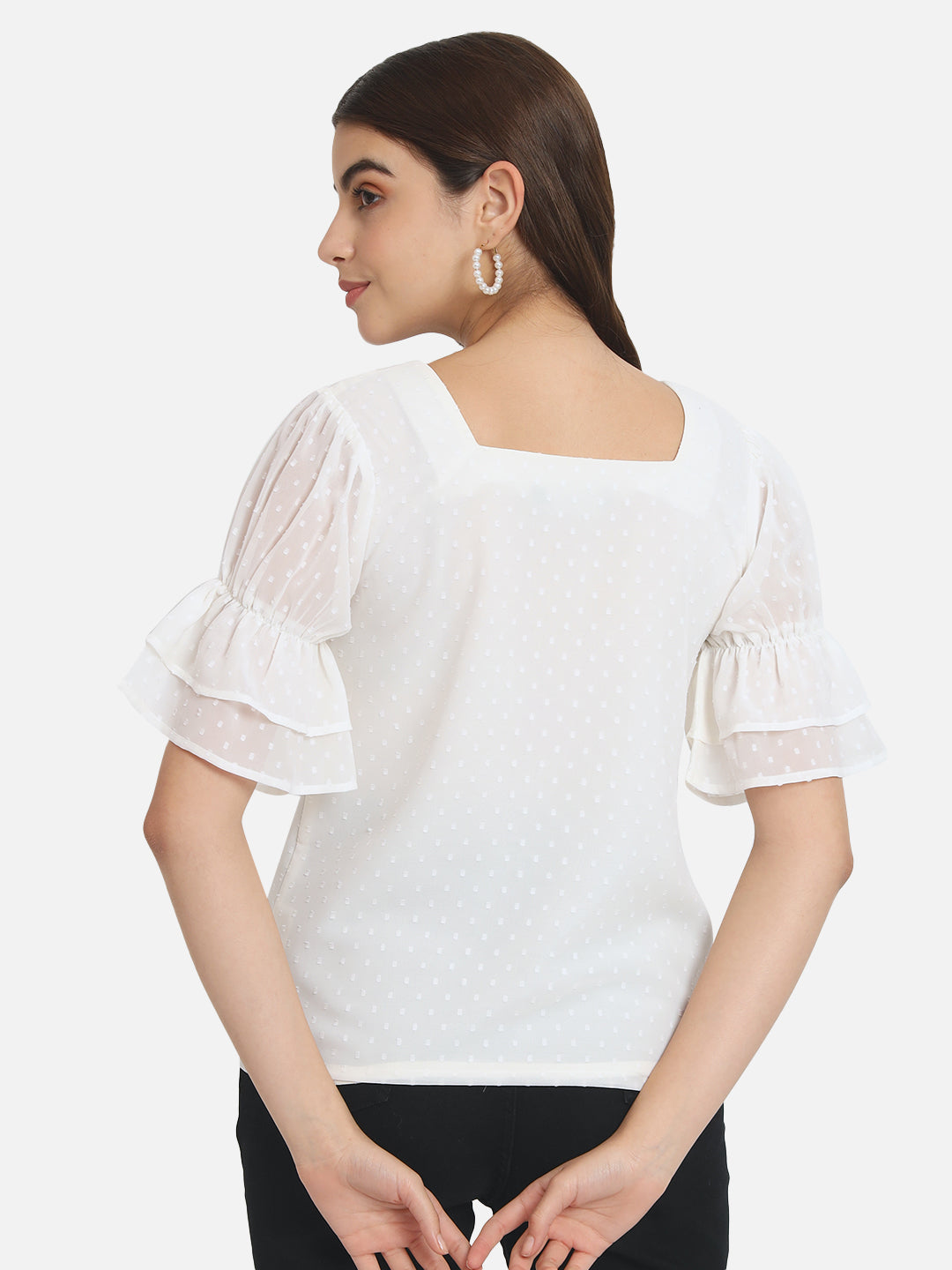 Cream Swiss Dot Square Neck Top for Women