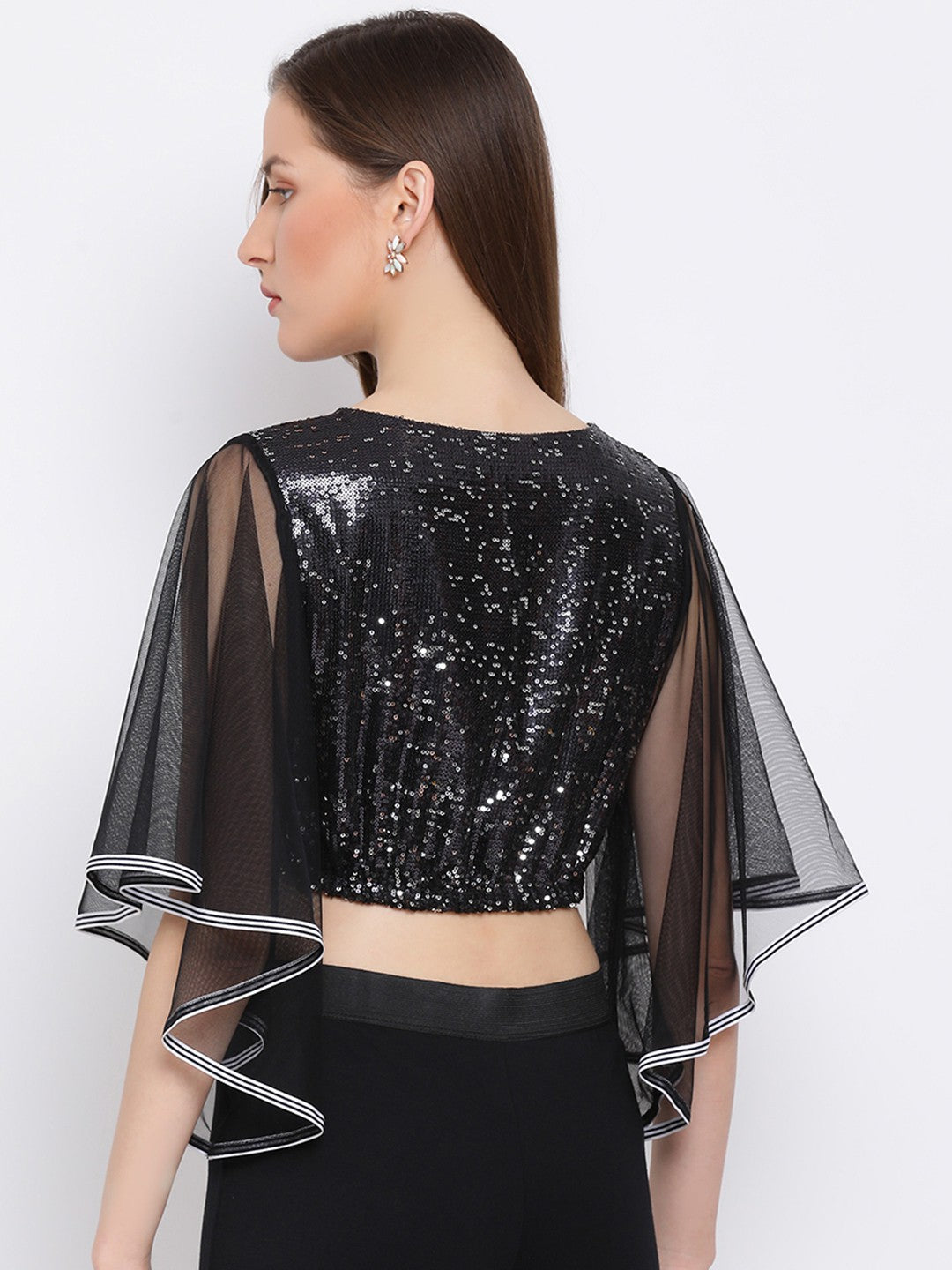 Black Embellished Net Sleeve Crop Top for Women