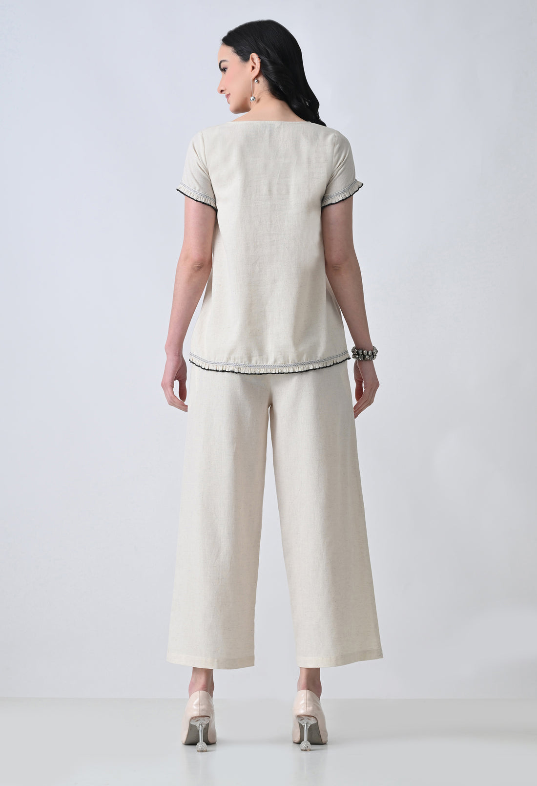 Women’s Cream Floral Embroidery Half Sleeve Top & Palazzo Co-Ord Set