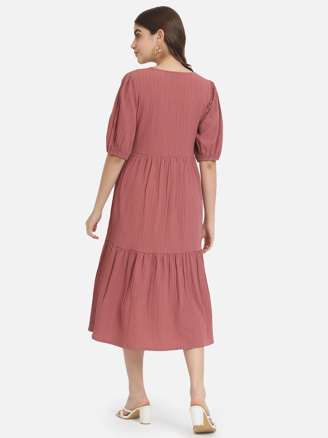 Solid Pink V-Neck Dress for Women