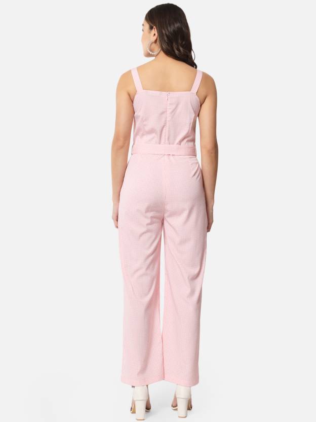 Pink Houndstooth Printed Sleeveless Jumpsuit for Women