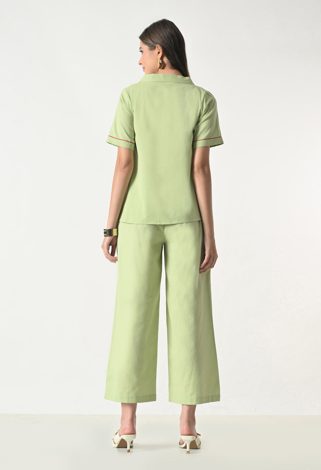 Women’s Green Floral Embroidery Half Sleeve Top & Palazzo Co-Ord Set