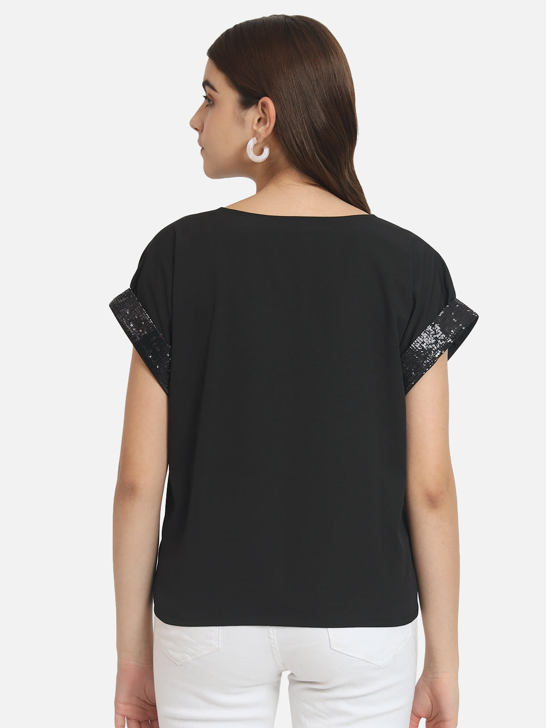 Solid Half Embellished Sleeve Top for Women