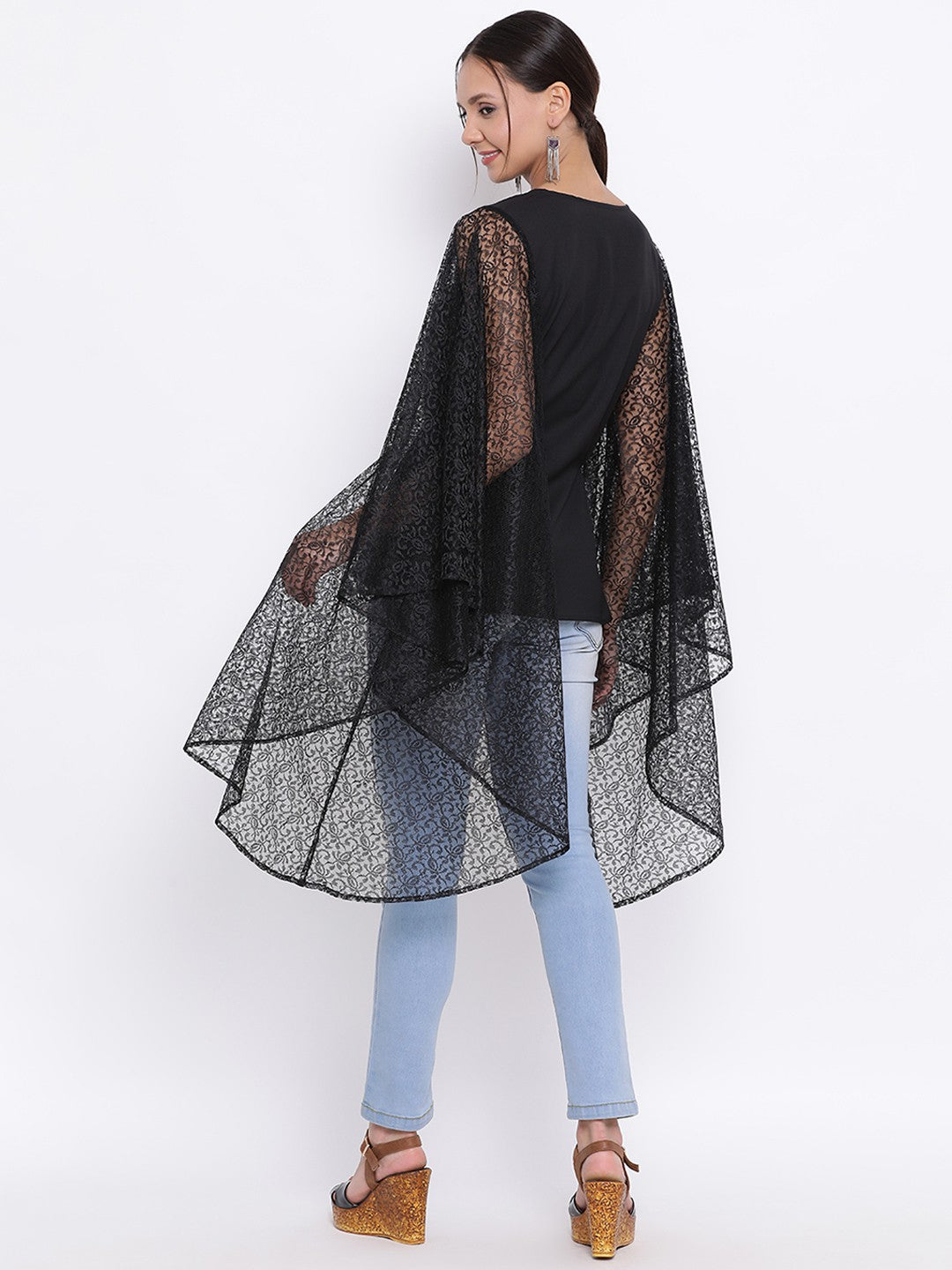 Black Flare Net Sleeve Top for Women