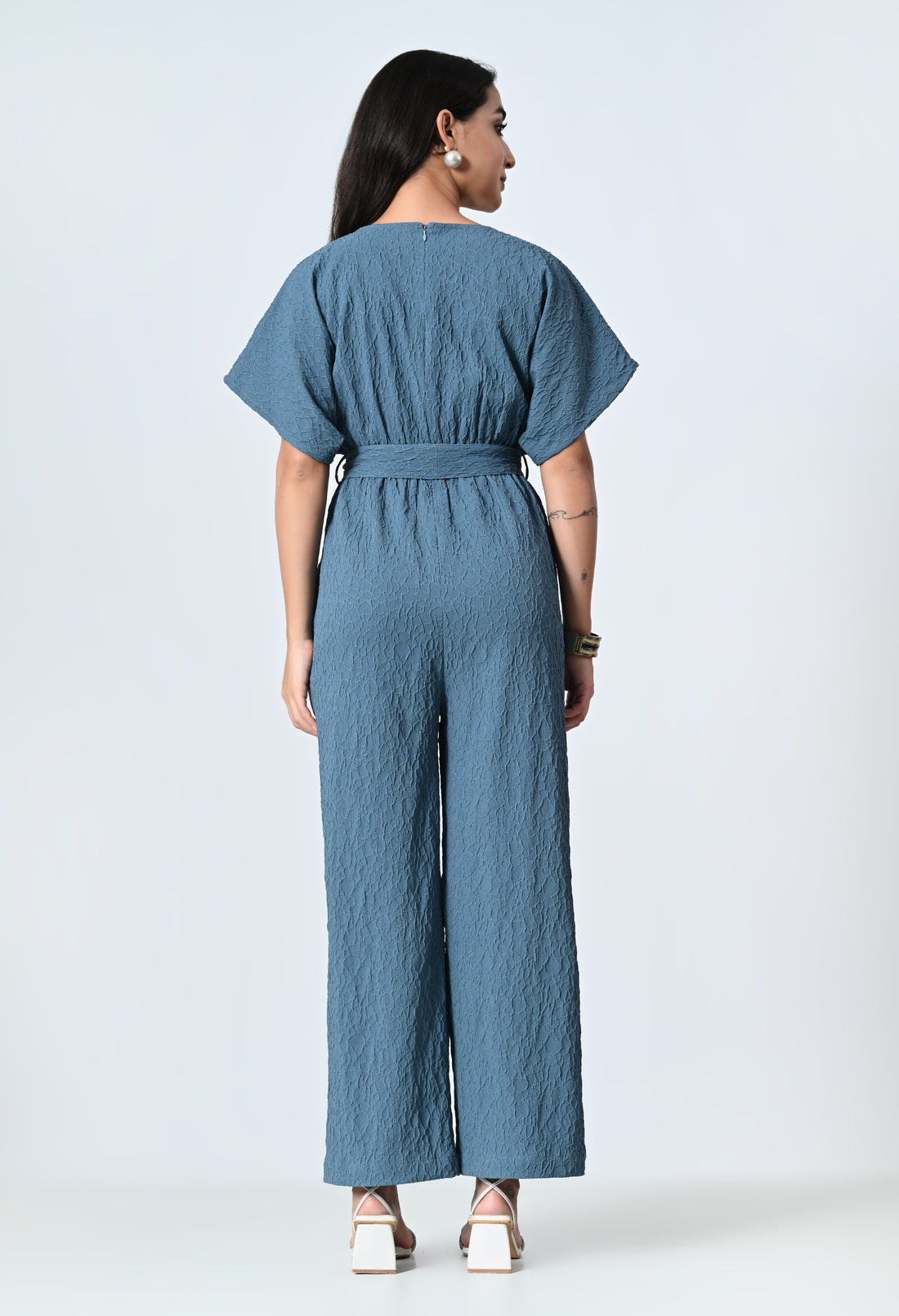 Purple Self Design Half Sleeve Jumpsuit for Women