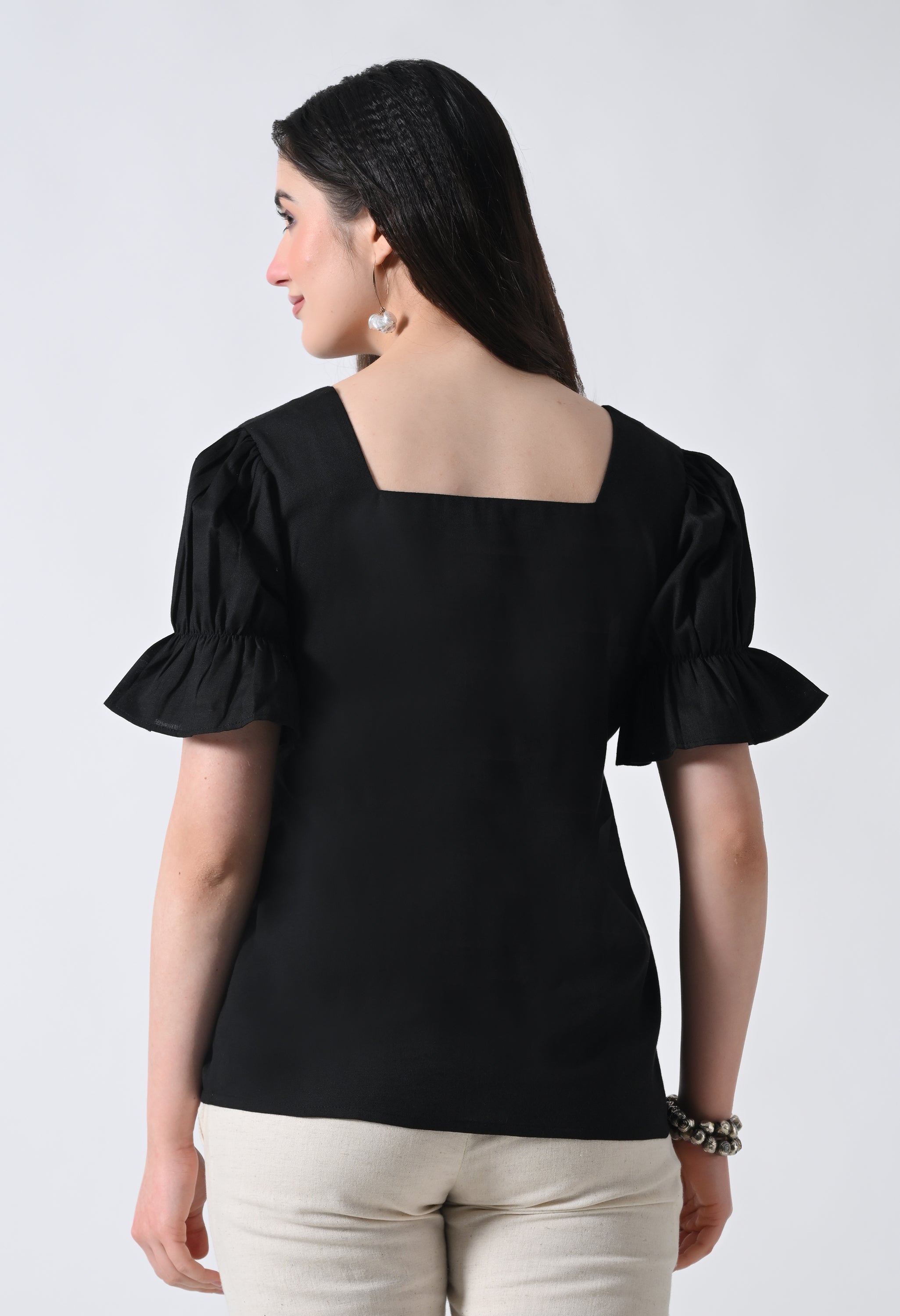 Black Embroidered Bell Sleeve Top for Women
