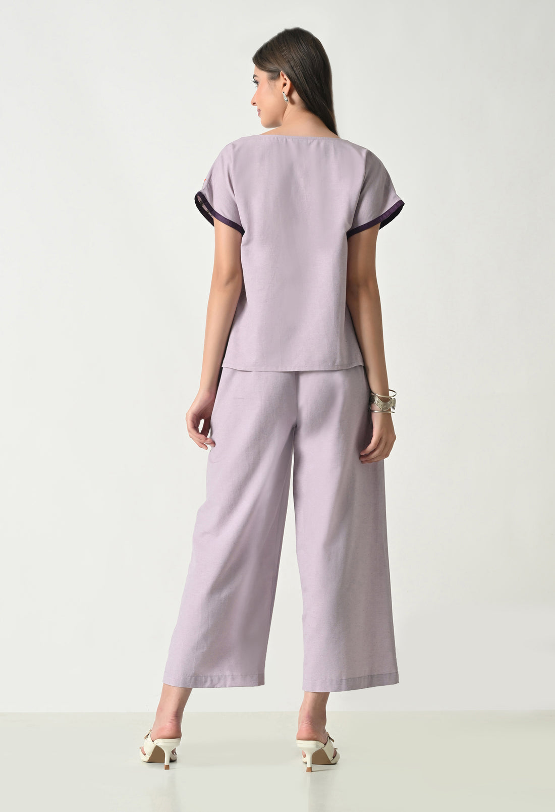 Women’s Purple Floral Embroidery Half Sleeve Top & Palazzo Co-Ord Set