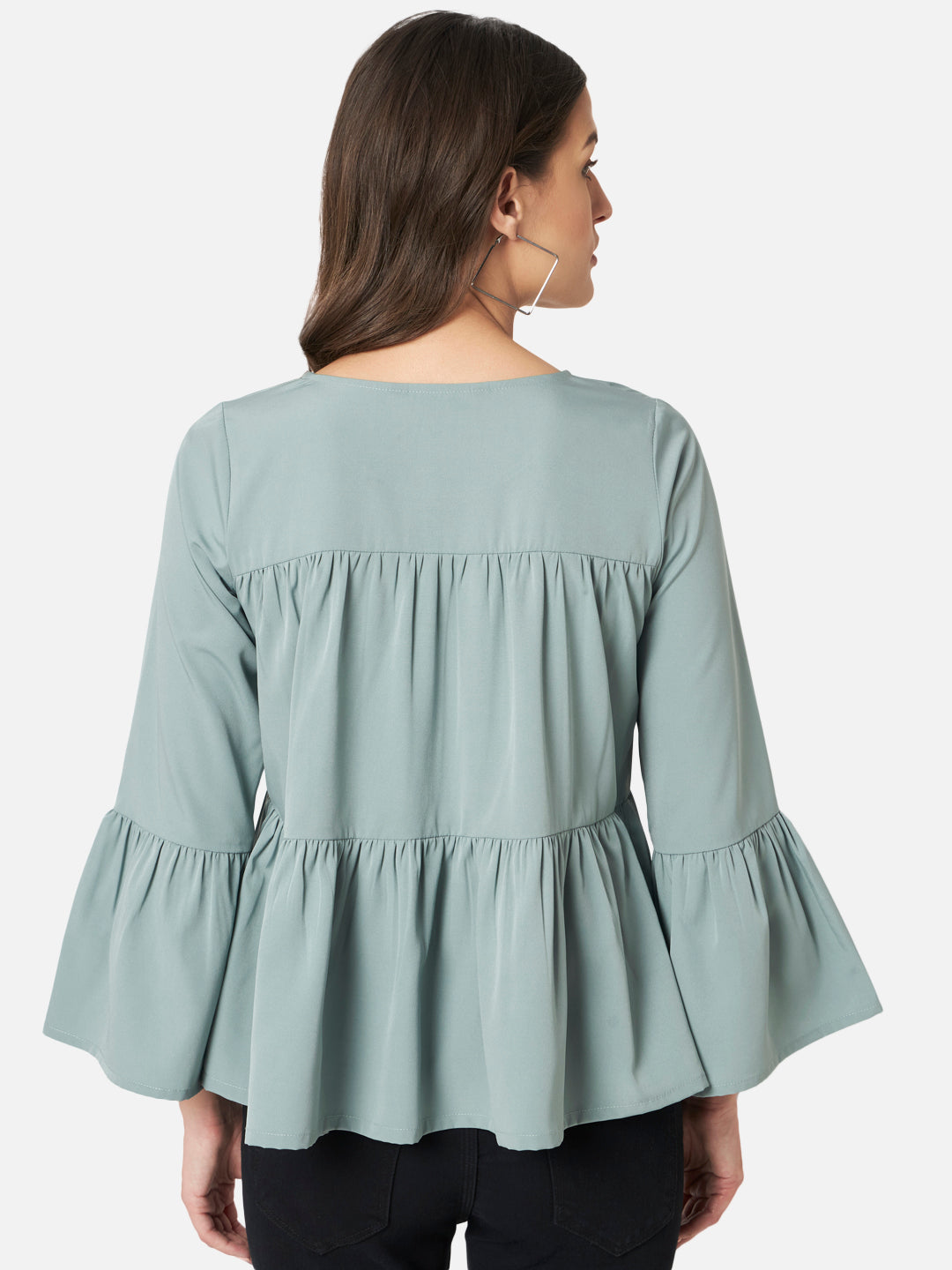 Light Green Solid Round Neck Top for Women