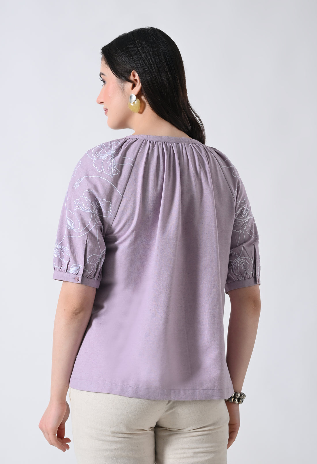 Light Purple Embroidered Half Sleeve Top for Women