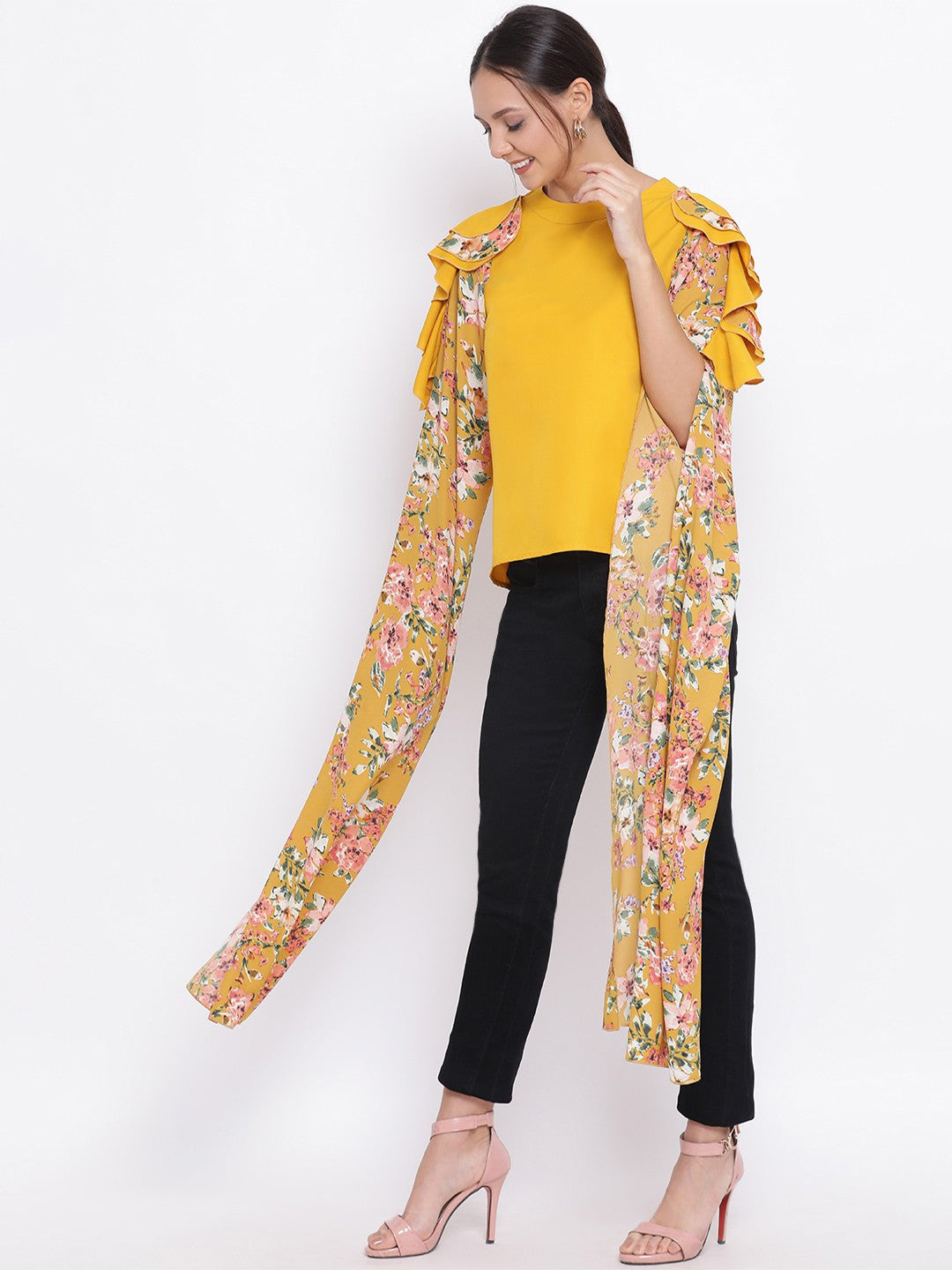 Yellow Long Floral Cut-out Sleeve Top for Women