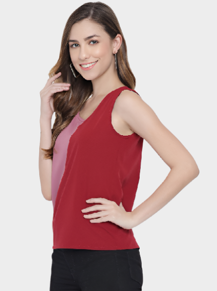 Pink & Red Colorblock Sleeveless Round Neck Top for Women
