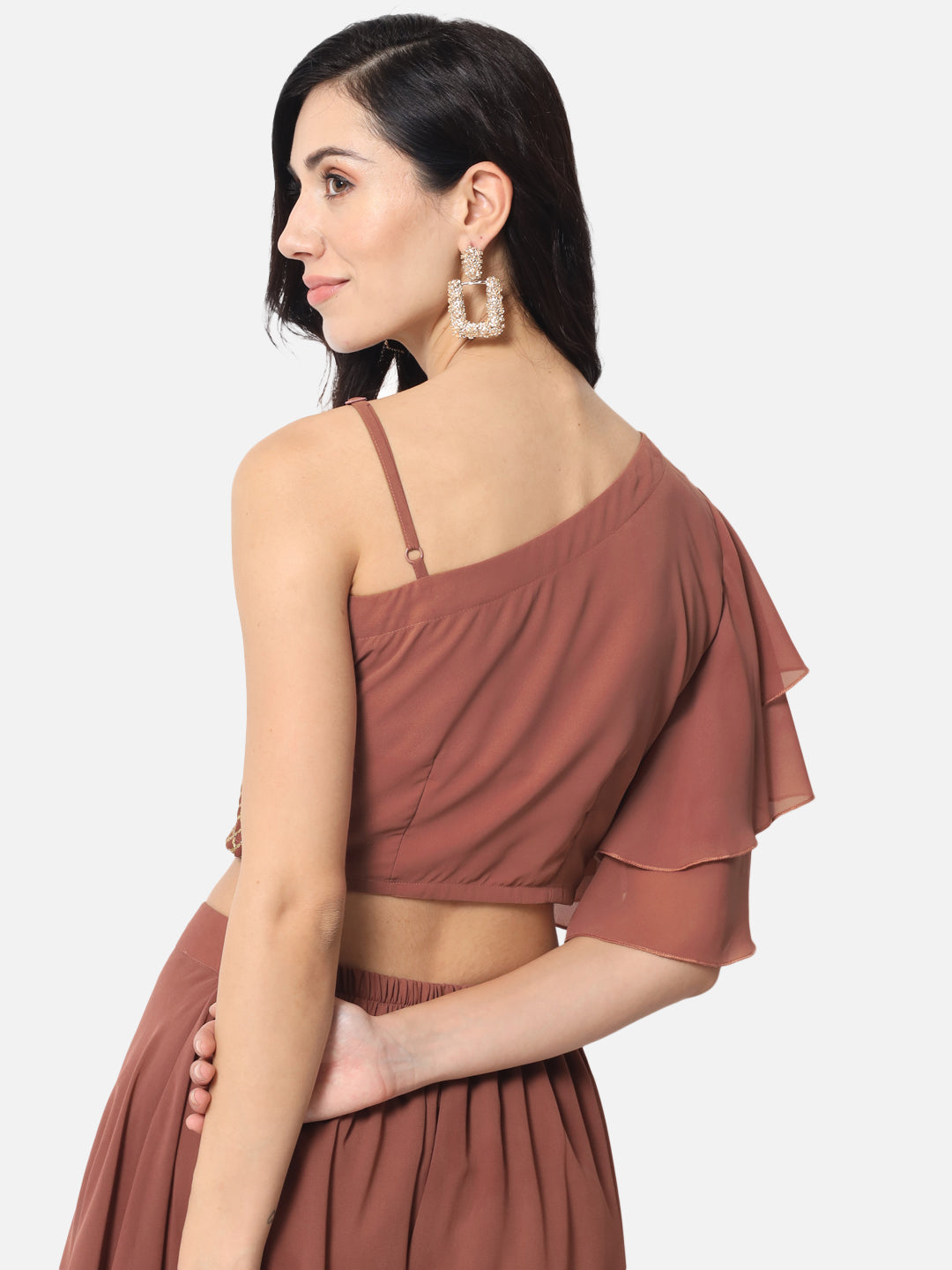 Embellished Brown Asymmetric Neck Crop Top for Women