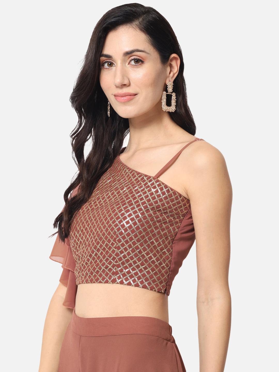 Embellished Brown Asymmetric Neck Crop Top for Women