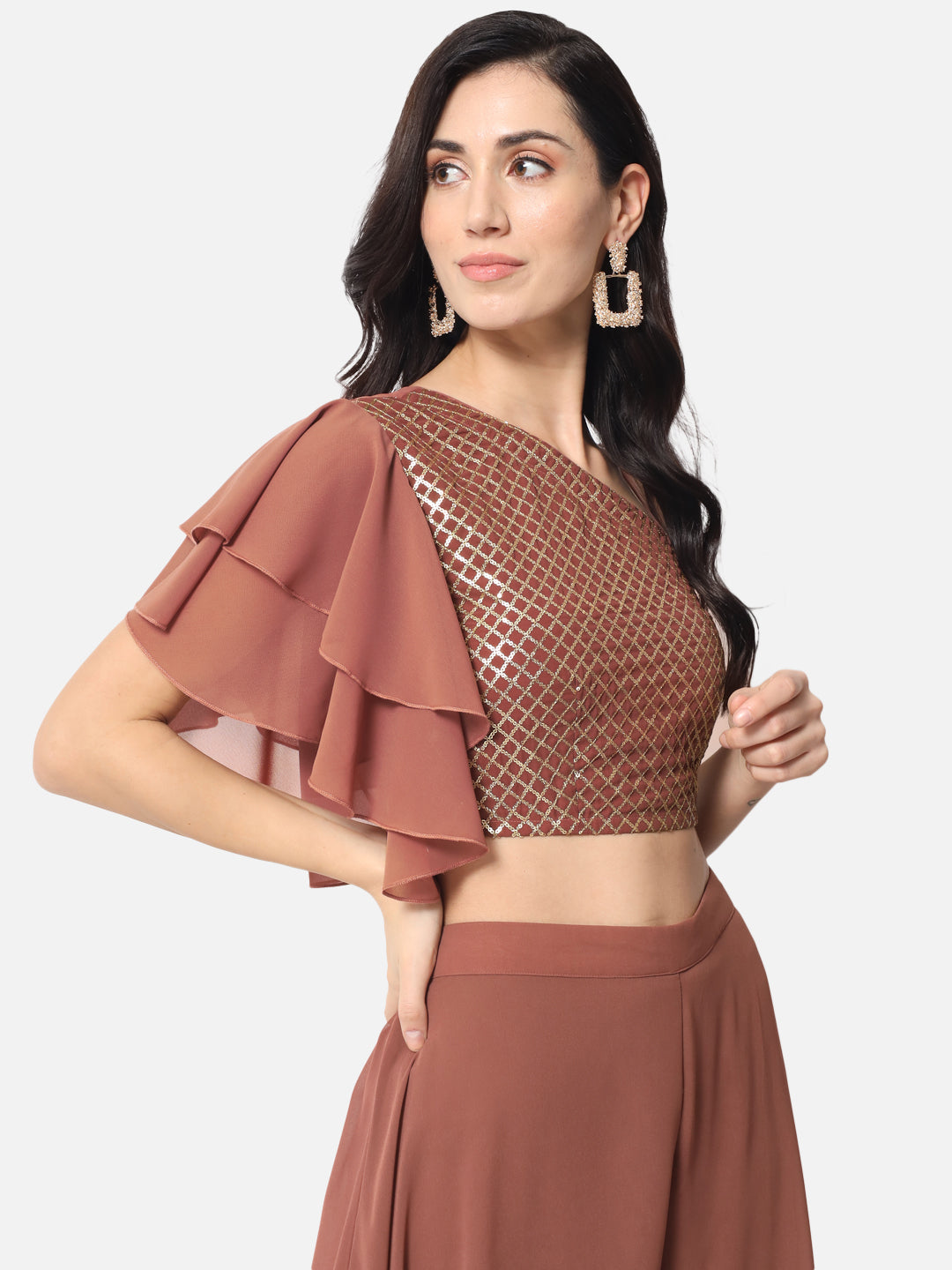 Embellished Brown Asymmetric Neck Crop Top for Women
