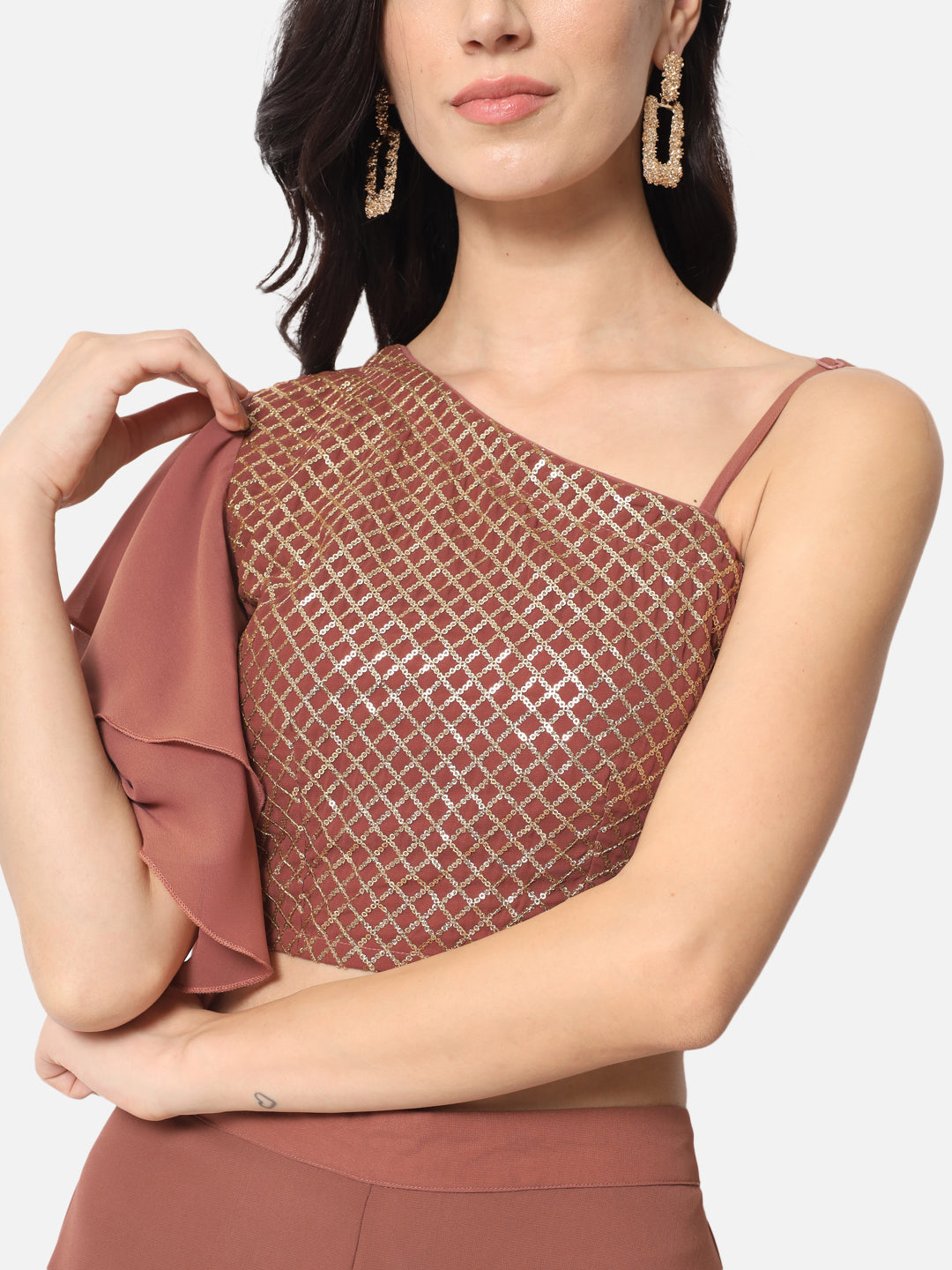 Embellished Brown Asymmetric Neck Crop Top for Women