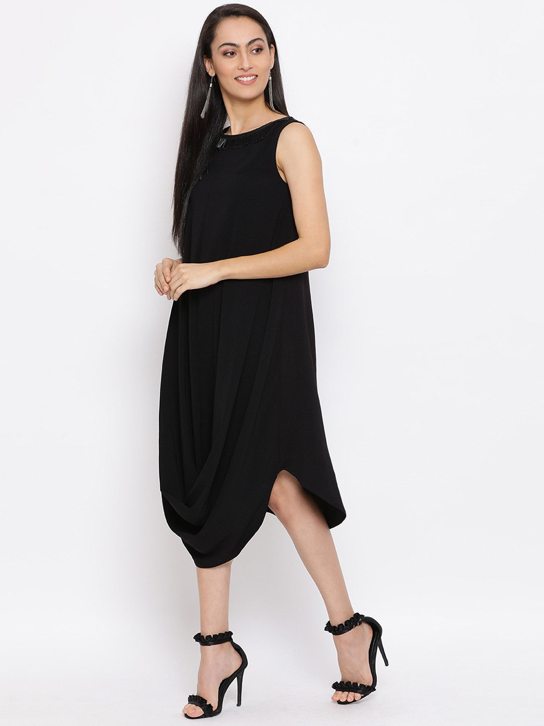 Solid Black Sleeveless Shift Dress for Women