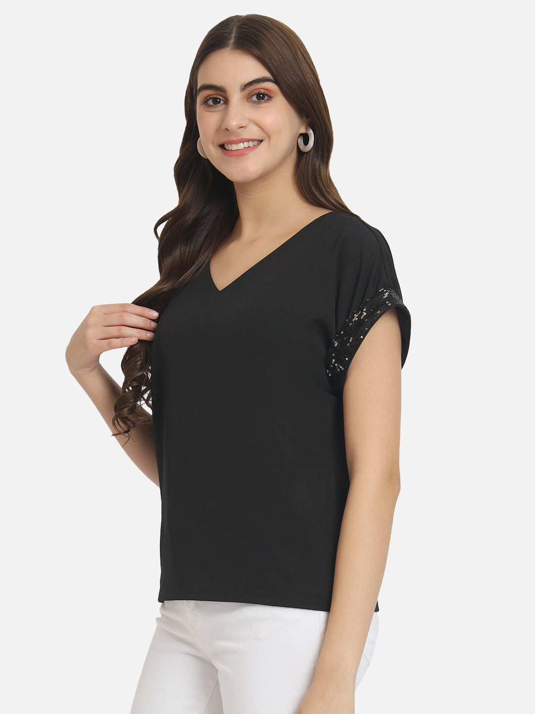 Solid Half Embellished Sleeve Top for Women