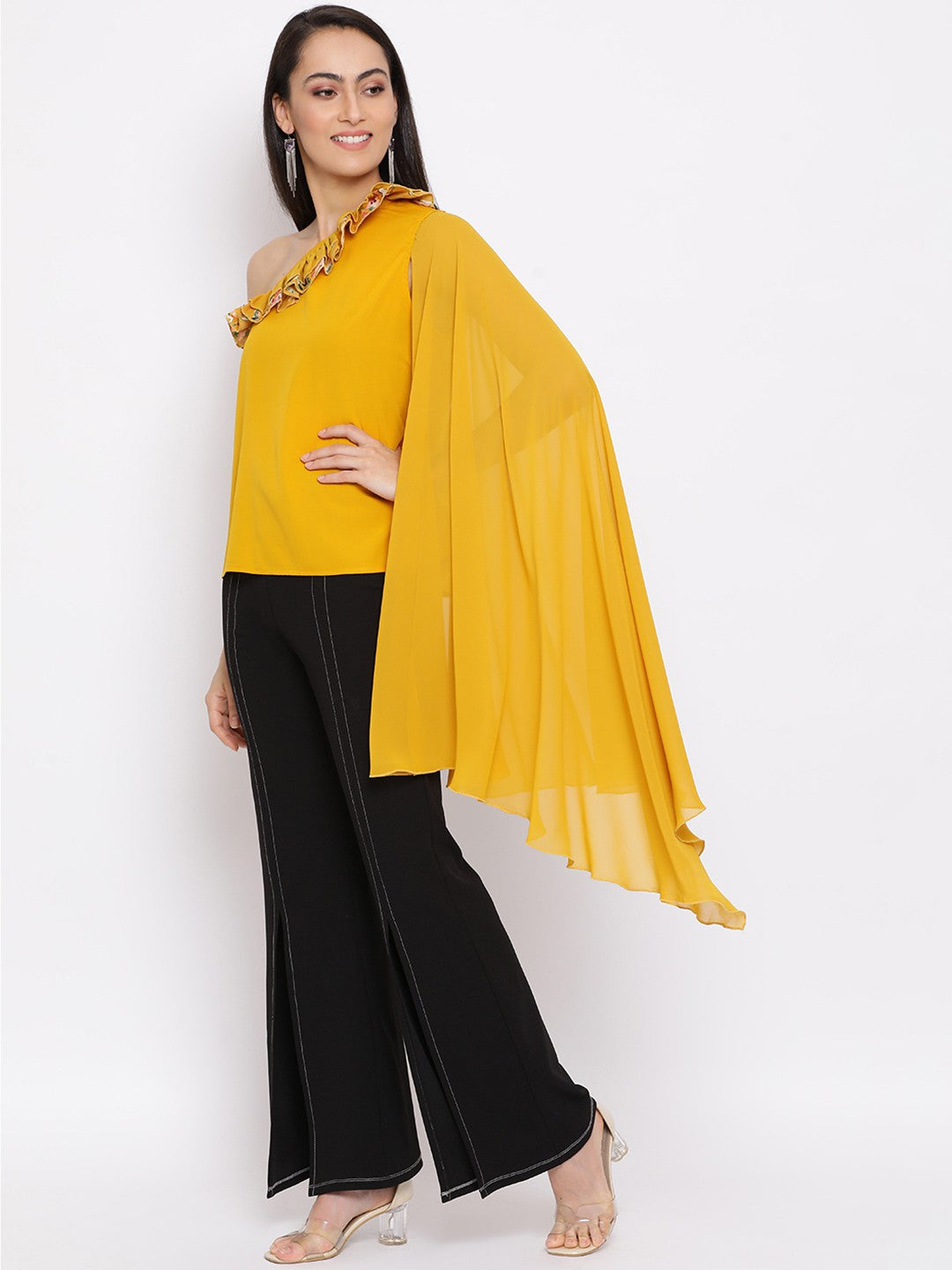 Yellow Solid Net One Shoulder Sleeve Top for Women