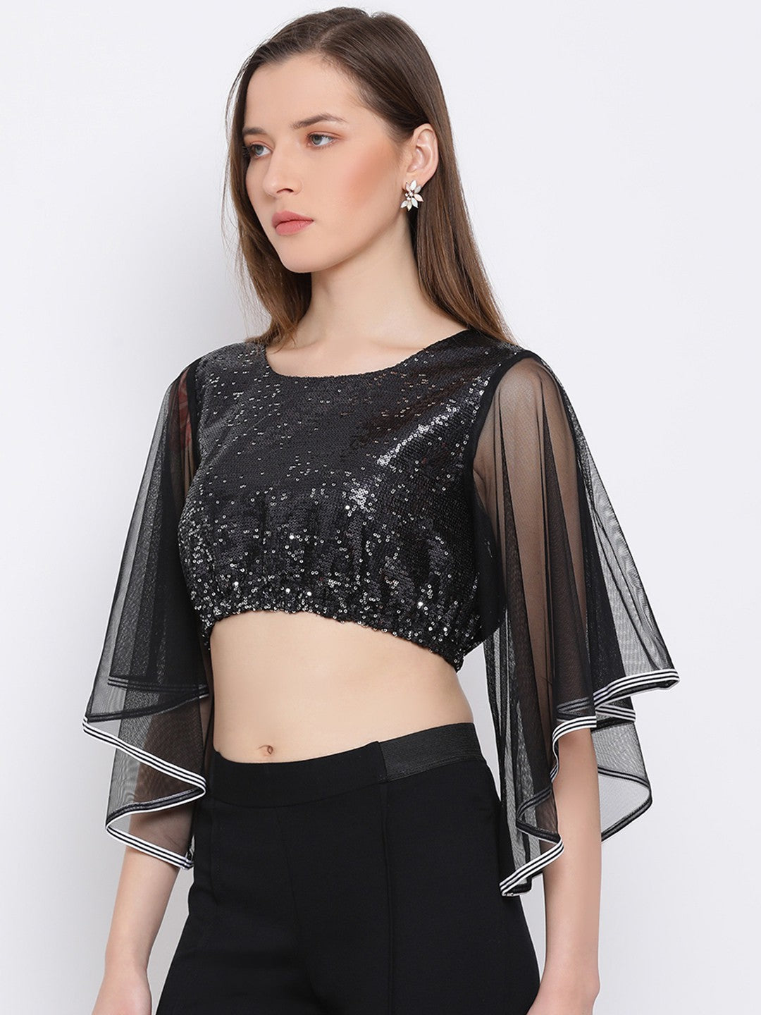 Black Embellished Net Sleeve Crop Top for Women