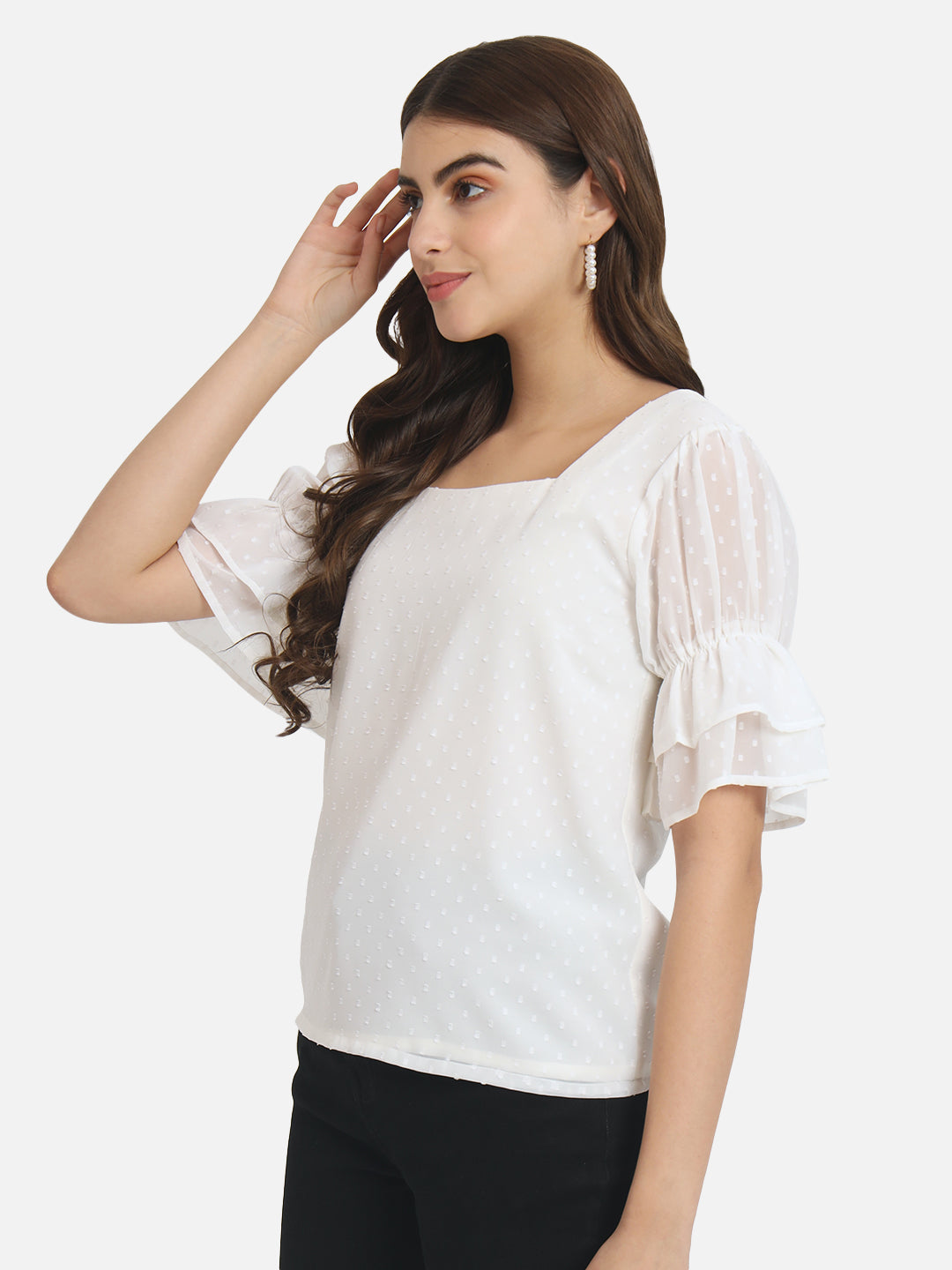 Cream Swiss Dot Square Neck Top for Women
