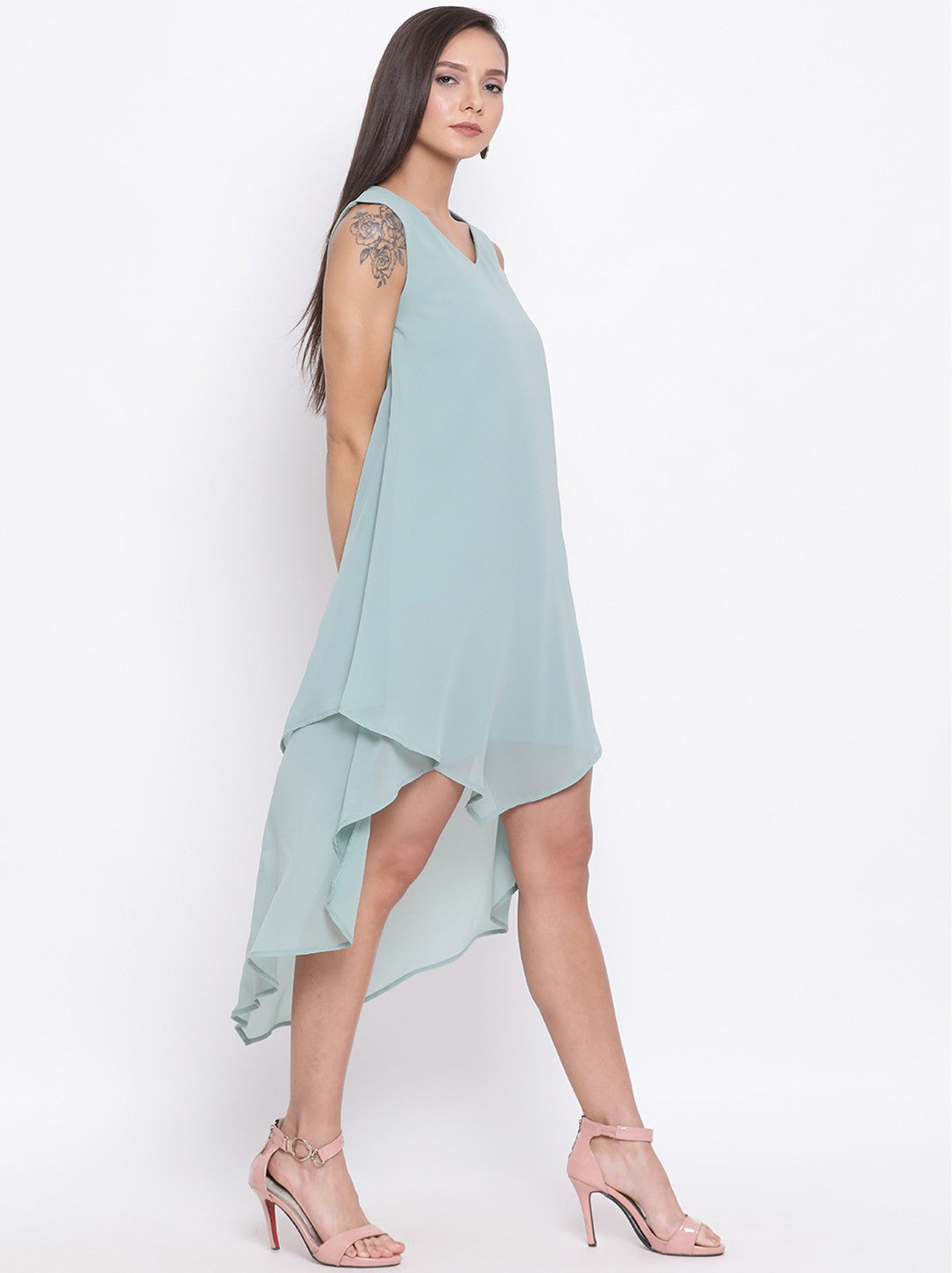 Solid Light Green Sleeveless Dress for Women