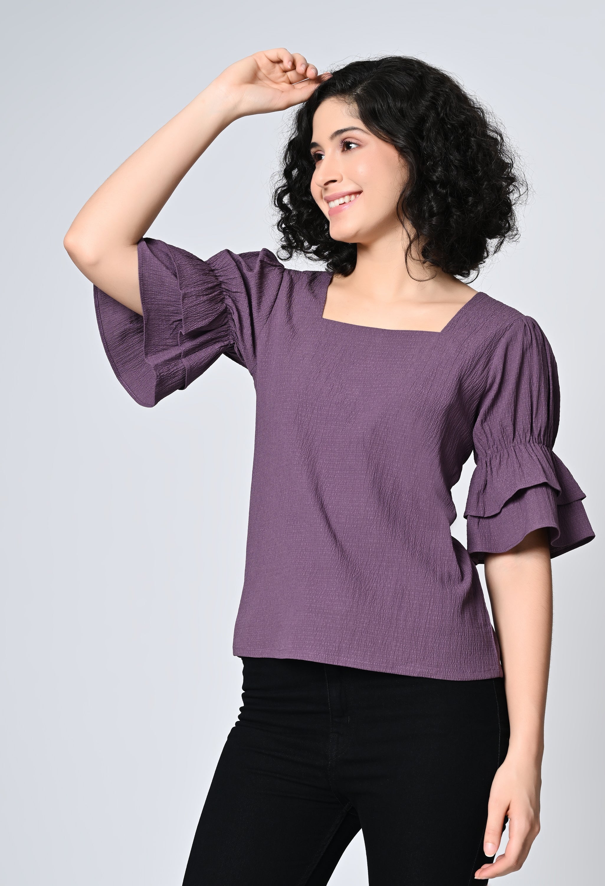Purple Solid Half Bell Sleeve Top for Women