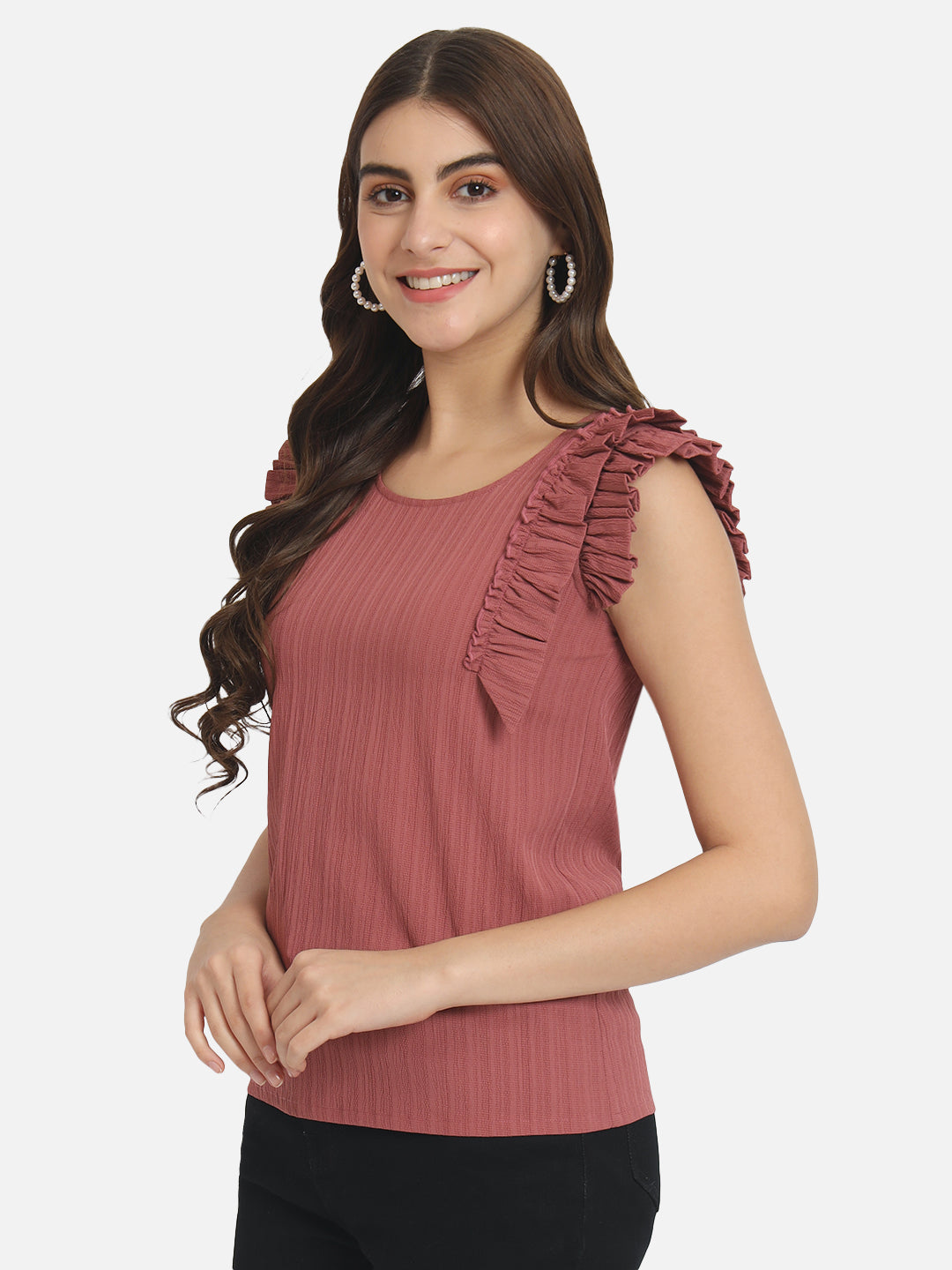 Pink Solid Round Neck Top for Women