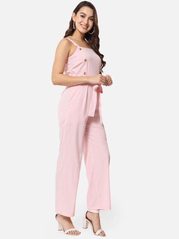 Pink Houndstooth Printed Sleeveless Jumpsuit for Women