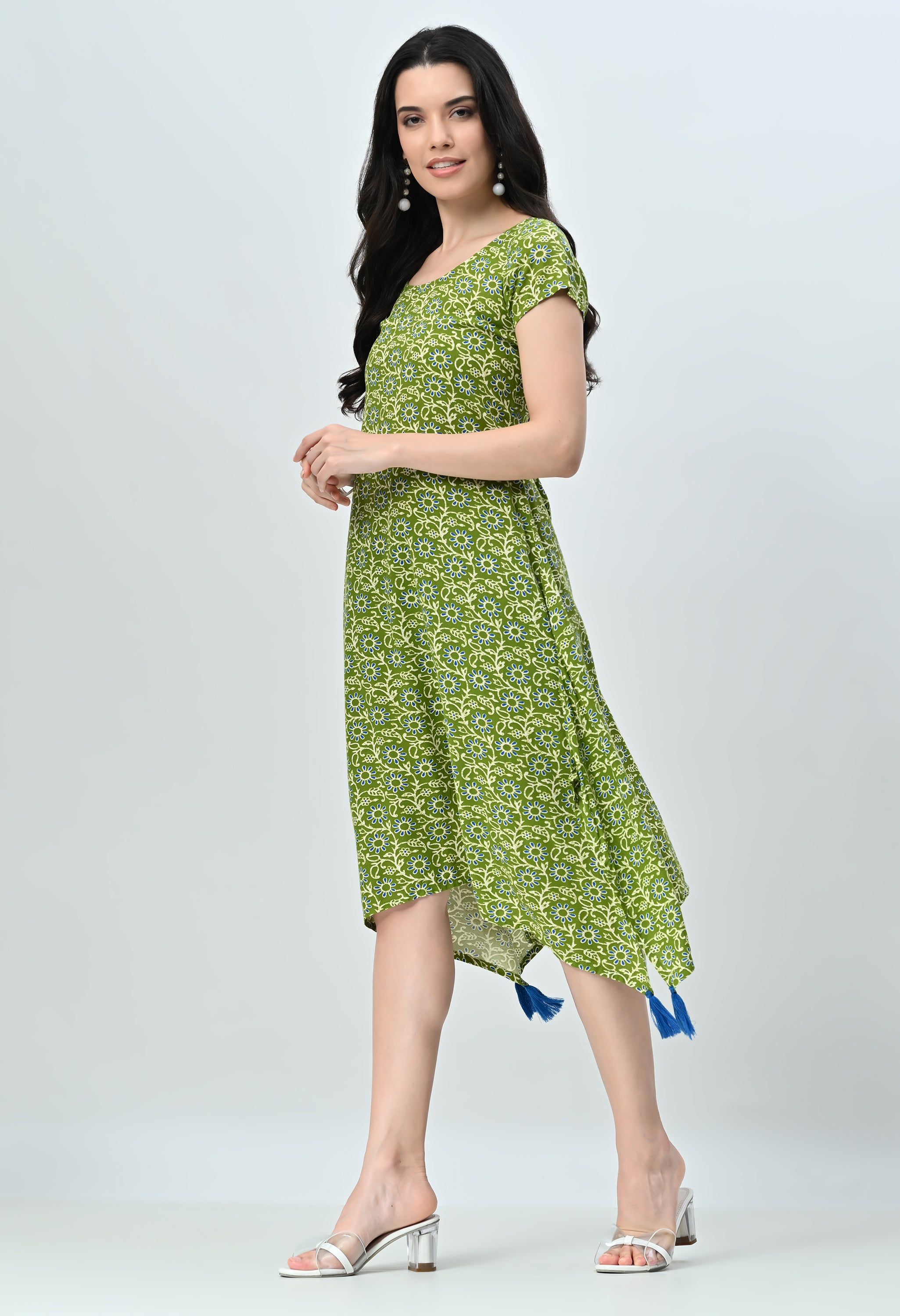 Green Floral Half Sleeve Dress for Women