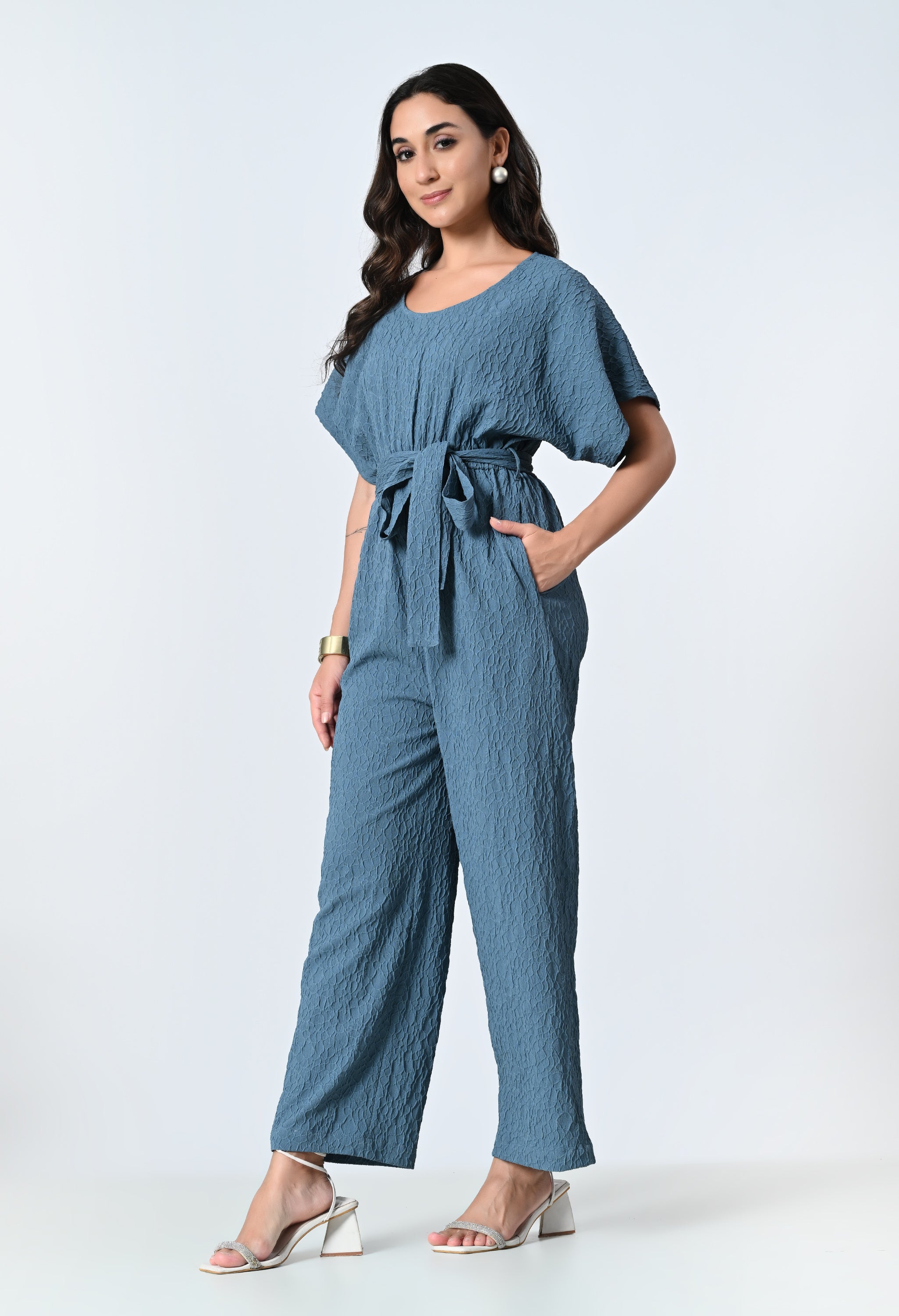 Purple Self Design Half Sleeve Jumpsuit for Women