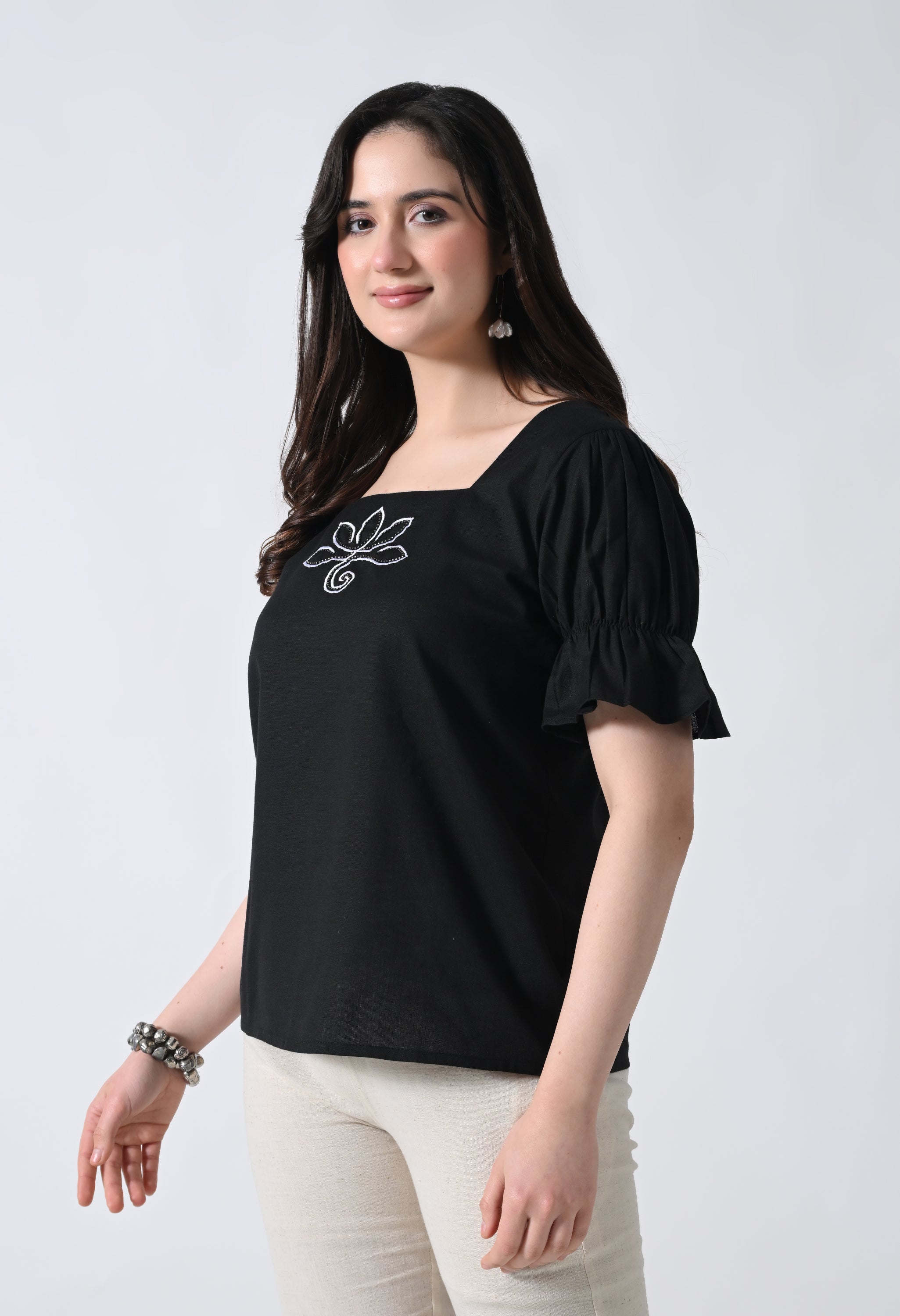 Black Embroidered Bell Sleeve Top for Women