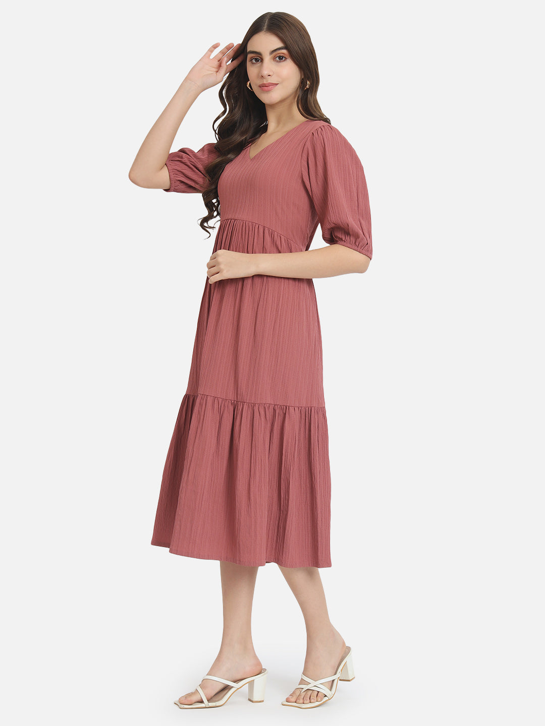 Solid Pink V-Neck Dress for Women