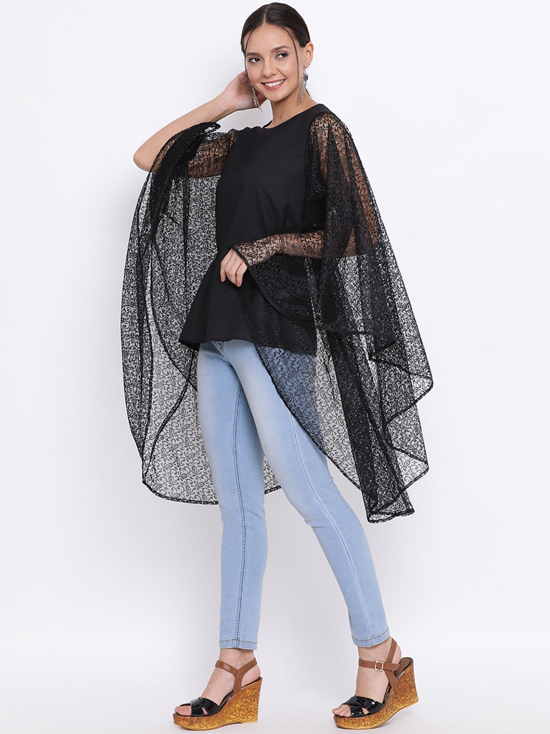 Black Flare Net Sleeve Top for Women