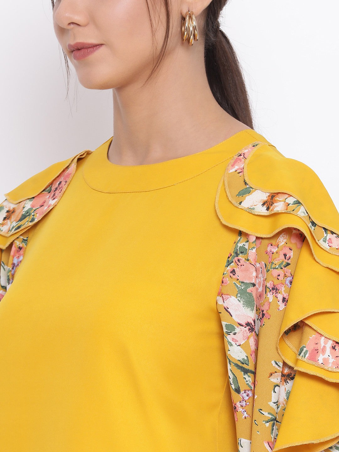 Yellow Long Floral Cut-out Sleeve Top for Women