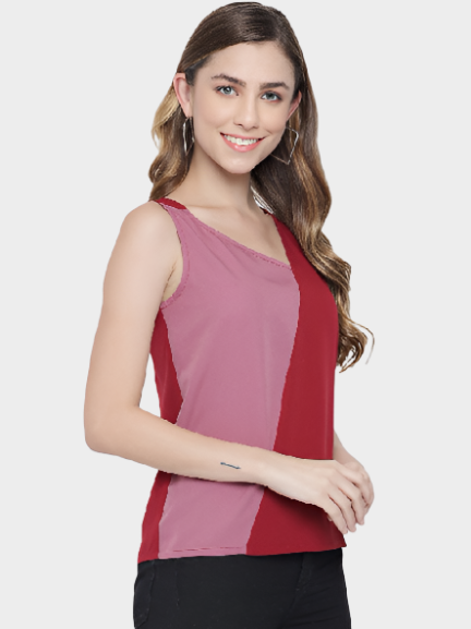 Pink & Red Colorblock Sleeveless Round Neck Top for Women