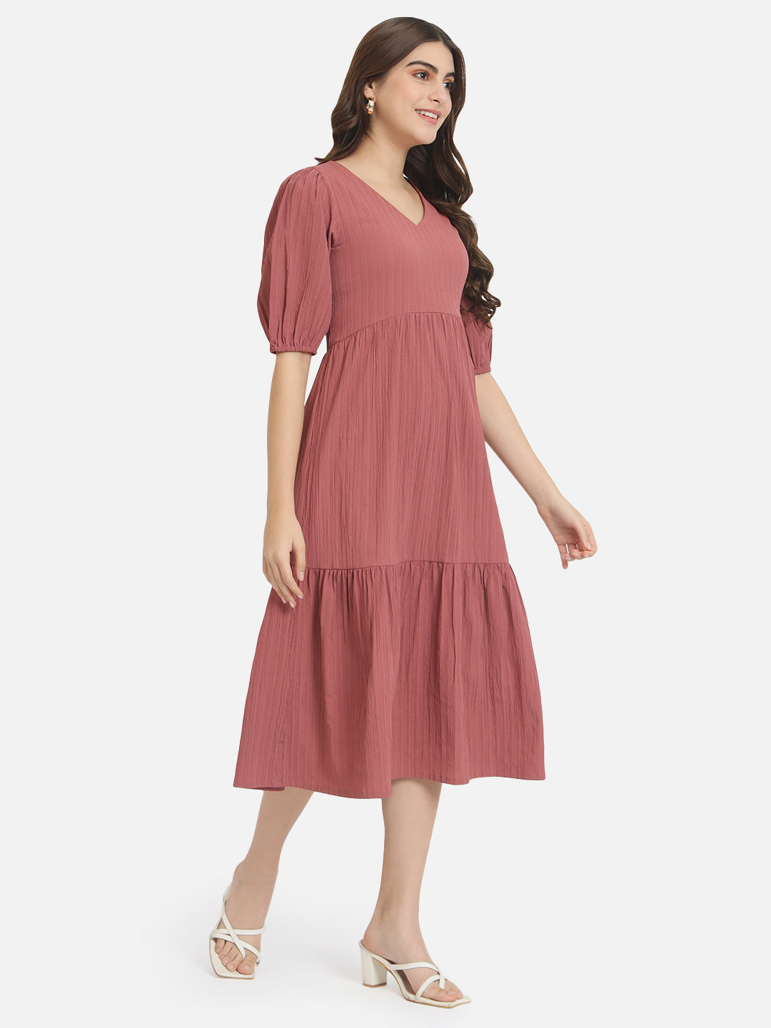 Solid Pink V-Neck Dress for Women