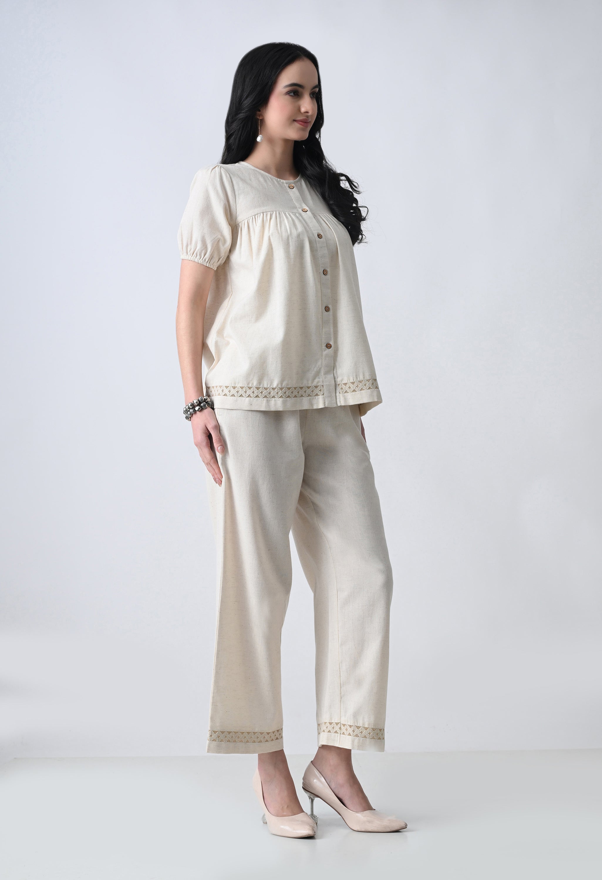 Women’s Cream Half Sleeve Top & Palazzo Co-Ord Set