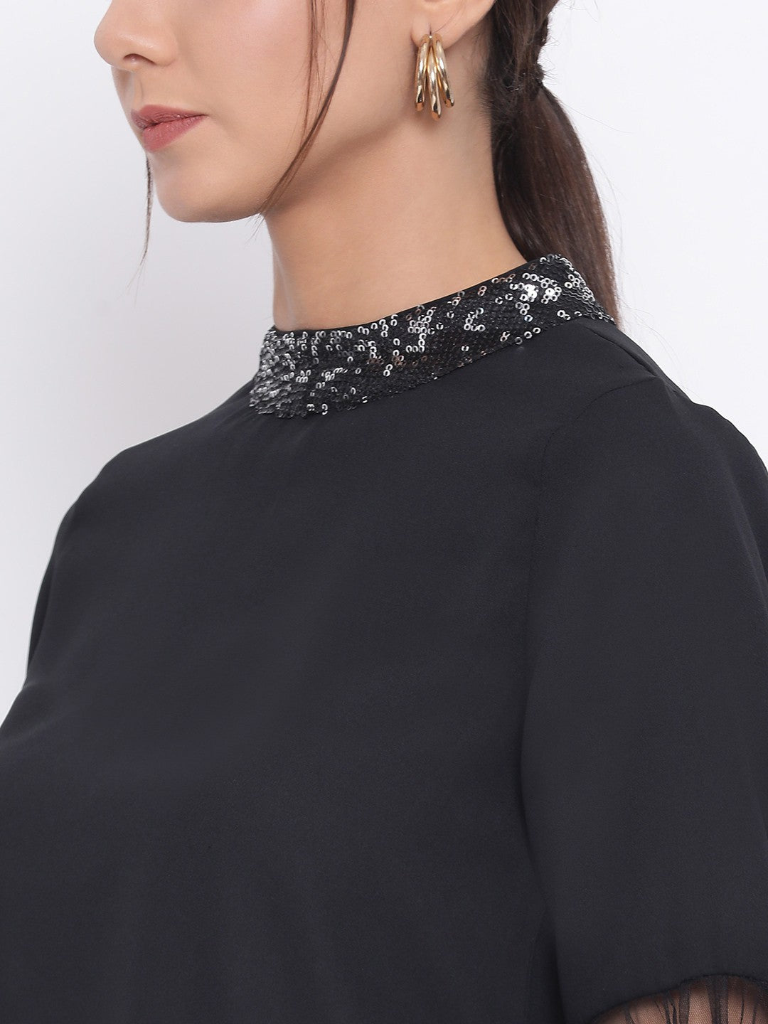 Black Embellished Neck Top for Women