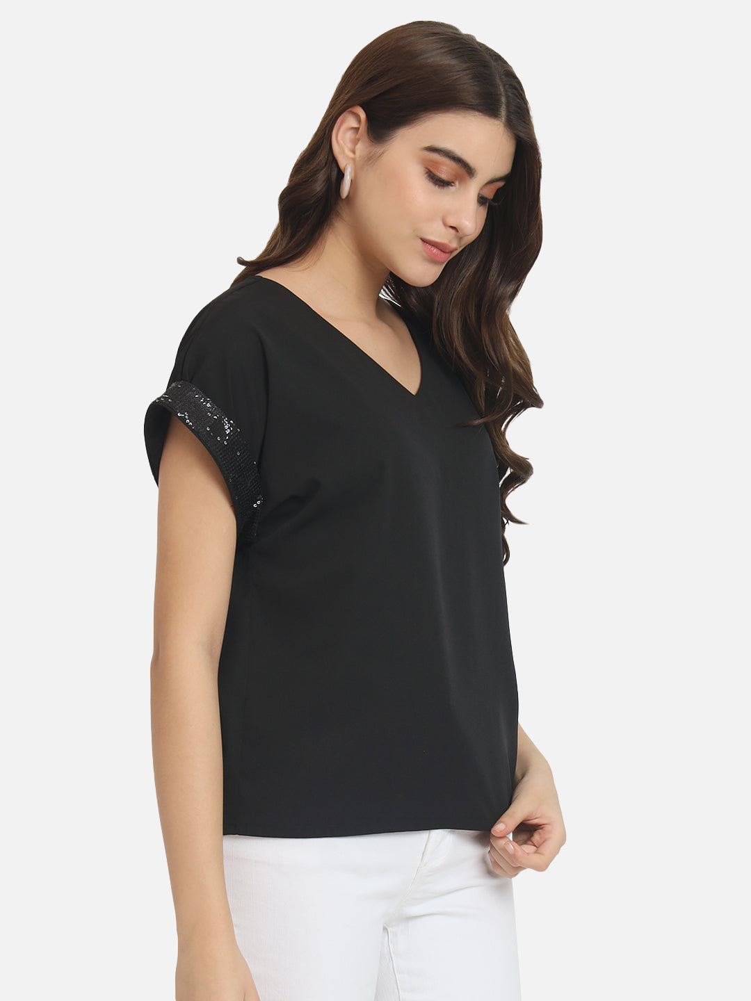 Solid Half Embellished Sleeve Top for Women