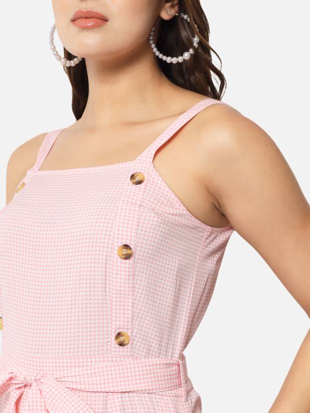 Pink Houndstooth Printed Sleeveless Jumpsuit for Women